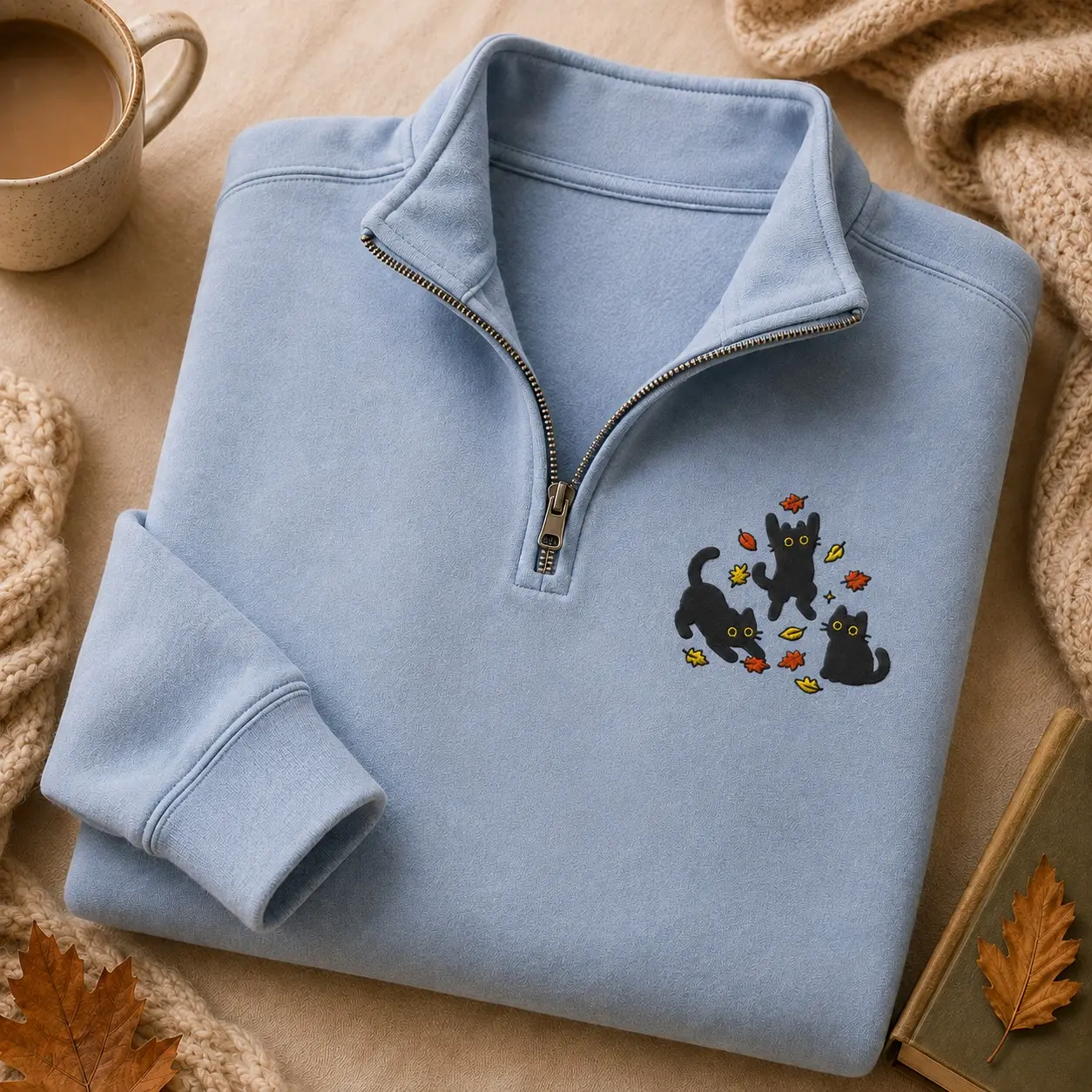 Embroidered Black Cats Autumn Leaves Quarter Zip Sweatshirt, Cute Playful Kitten October Fleece Pet Mom Gift