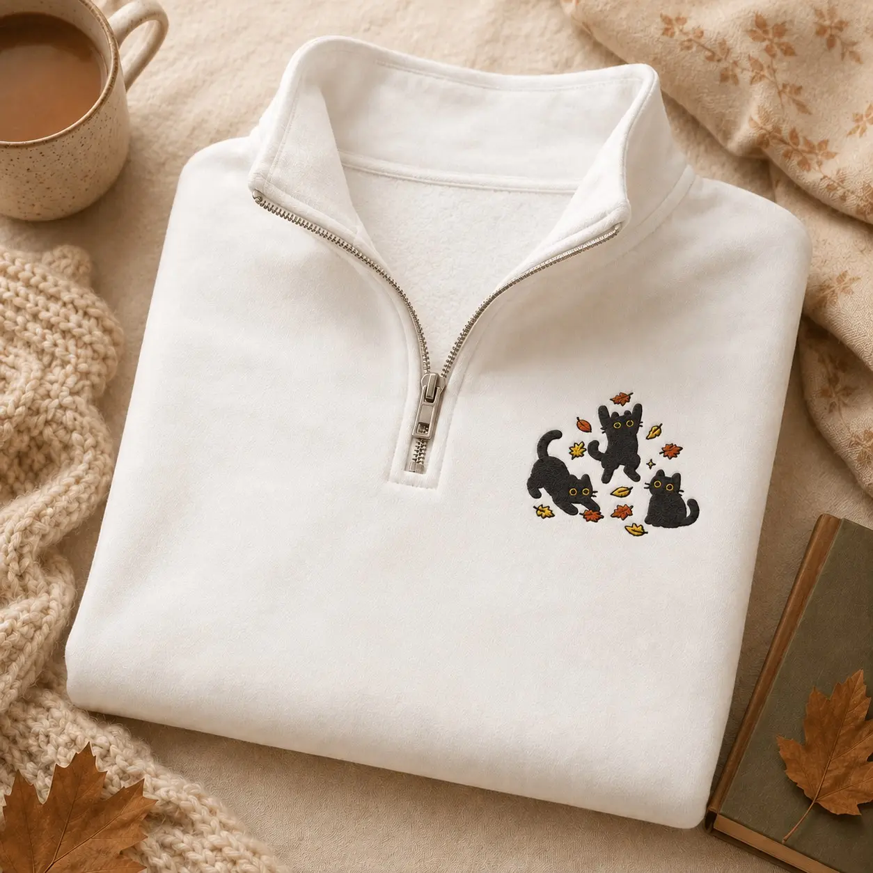 Embroidered Black Cats Autumn Leaves Quarter Zip Sweatshirt, Cute Playful Kitten October Fleece Pet Mom Gift - photo 2
