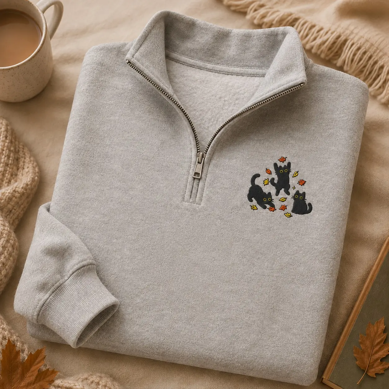 Embroidered Black Cats Autumn Leaves Quarter Zip Sweatshirt, Cute Playful Kitten October Fleece Pet Mom Gift - photo 3