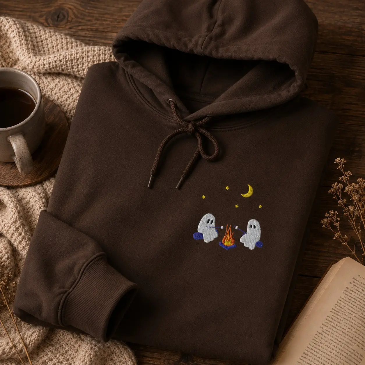 Embroidered Ghosts Roasting Marshmallows Campfire Hoodie, Cute Cozy Spooky Halloween October Fleece Bestie Gift - photo 1