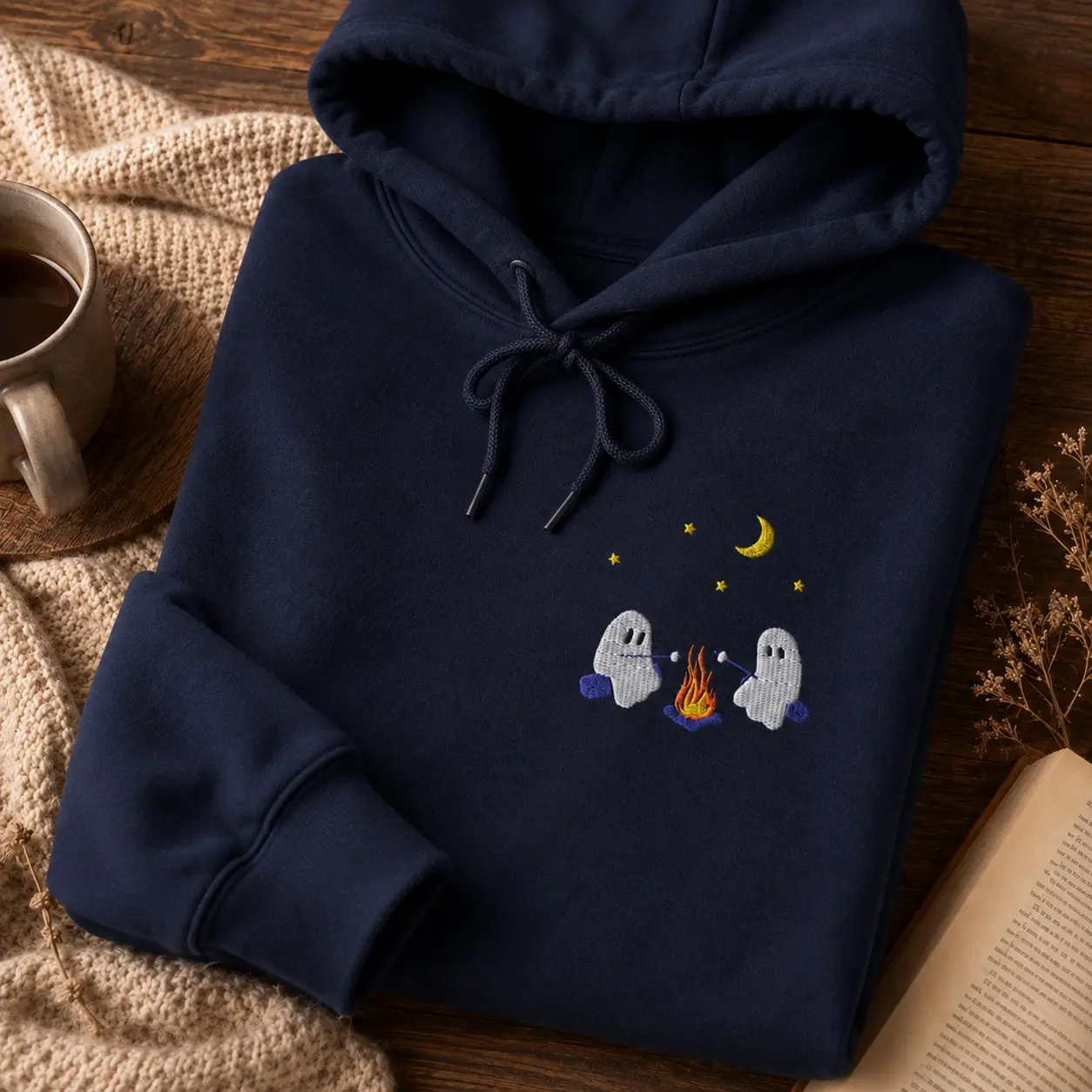 Embroidered Ghosts Roasting Marshmallows Campfire Hoodie, Cute Cozy Spooky Halloween October Fleece Bestie Gift - photo 2