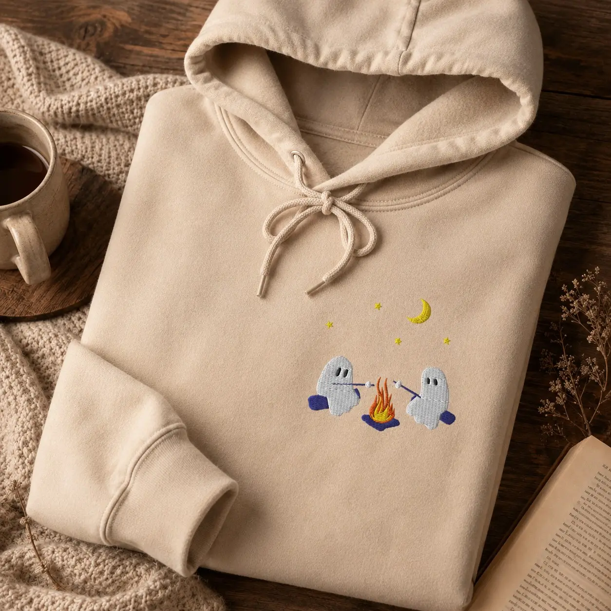 Embroidered Ghosts Roasting Marshmallows Campfire Hoodie, Cute Cozy Spooky Halloween October Fleece Bestie Gift - photo 3