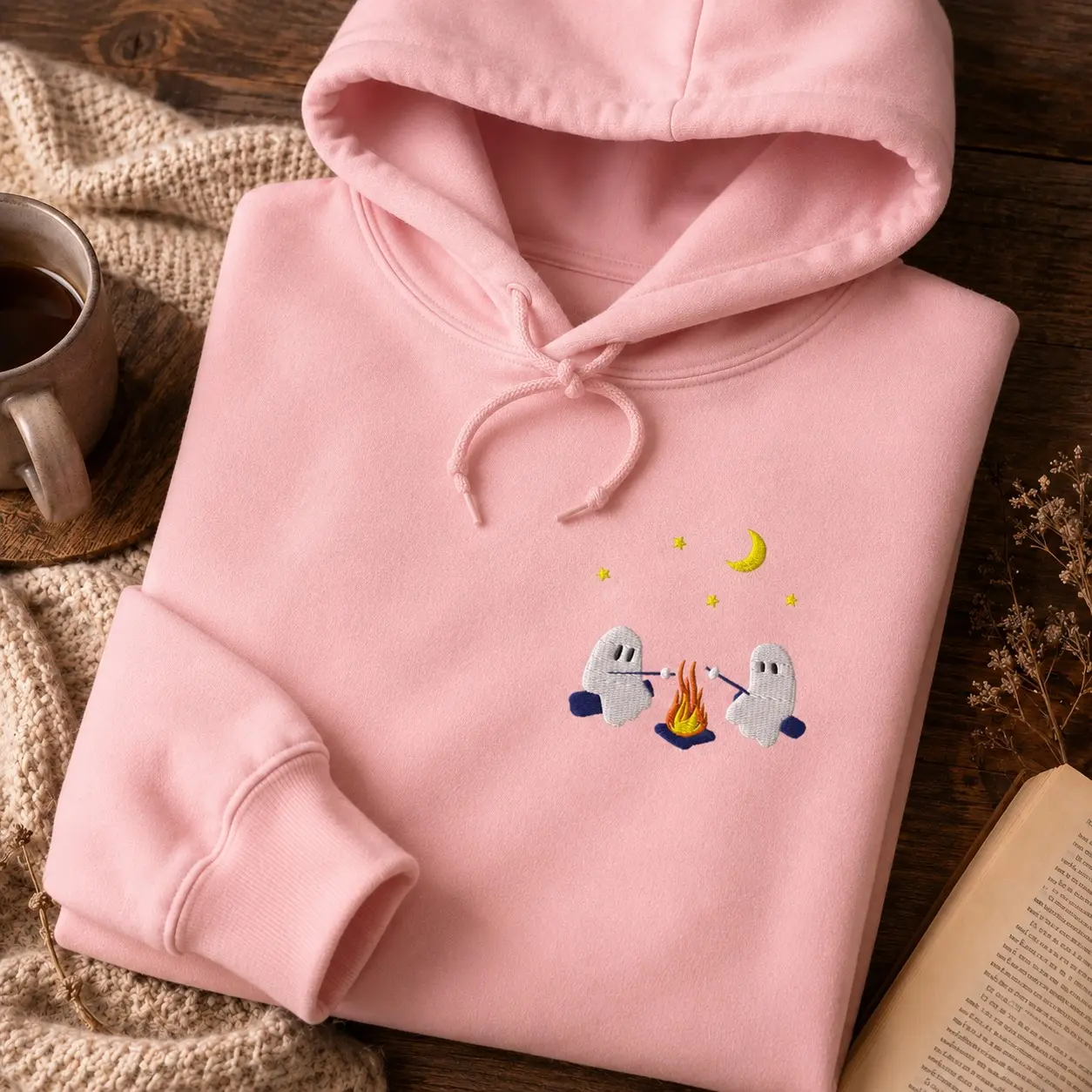 Embroidered Ghosts Roasting Marshmallows Campfire Hoodie, Cute Cozy Spooky Halloween October Fleece Bestie Gift - photo 4