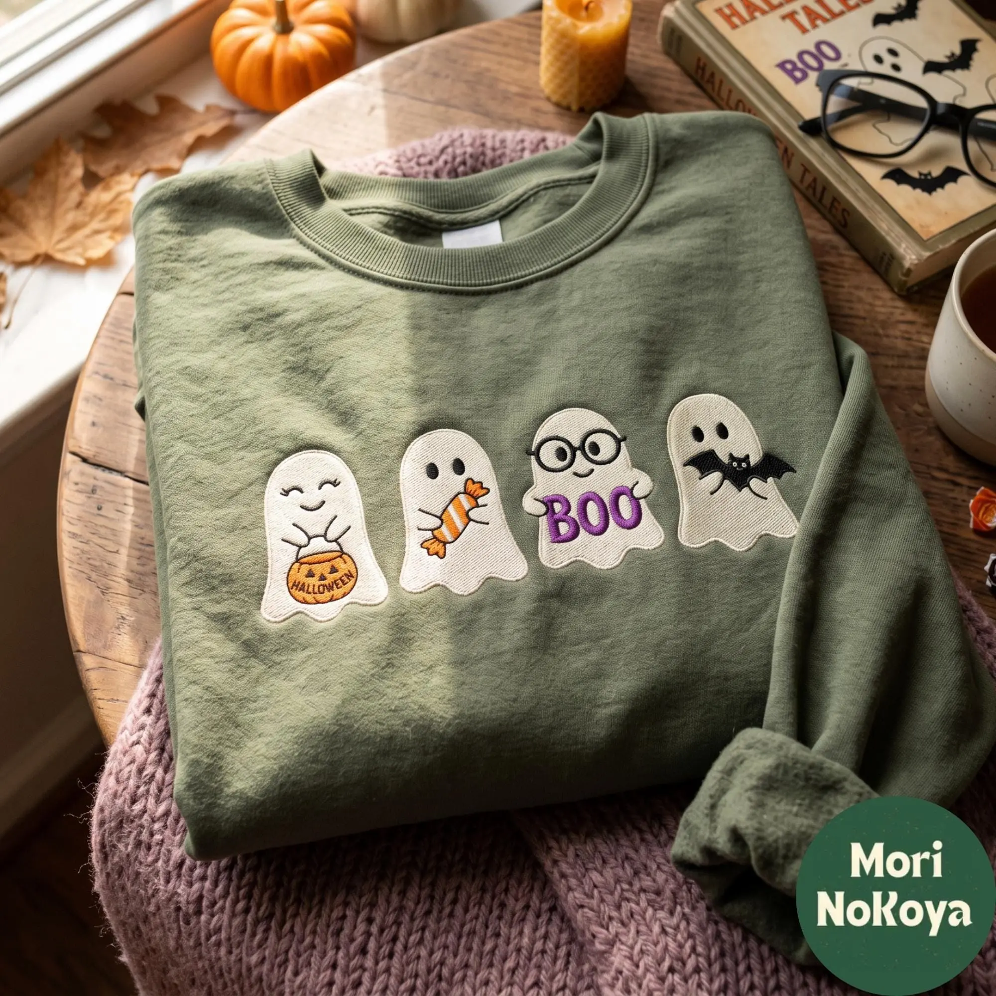 Embroidered Fall Ghost Shirt, Floral Halloween Cozy Autumn Graphic Tee, Spooky Season Gift