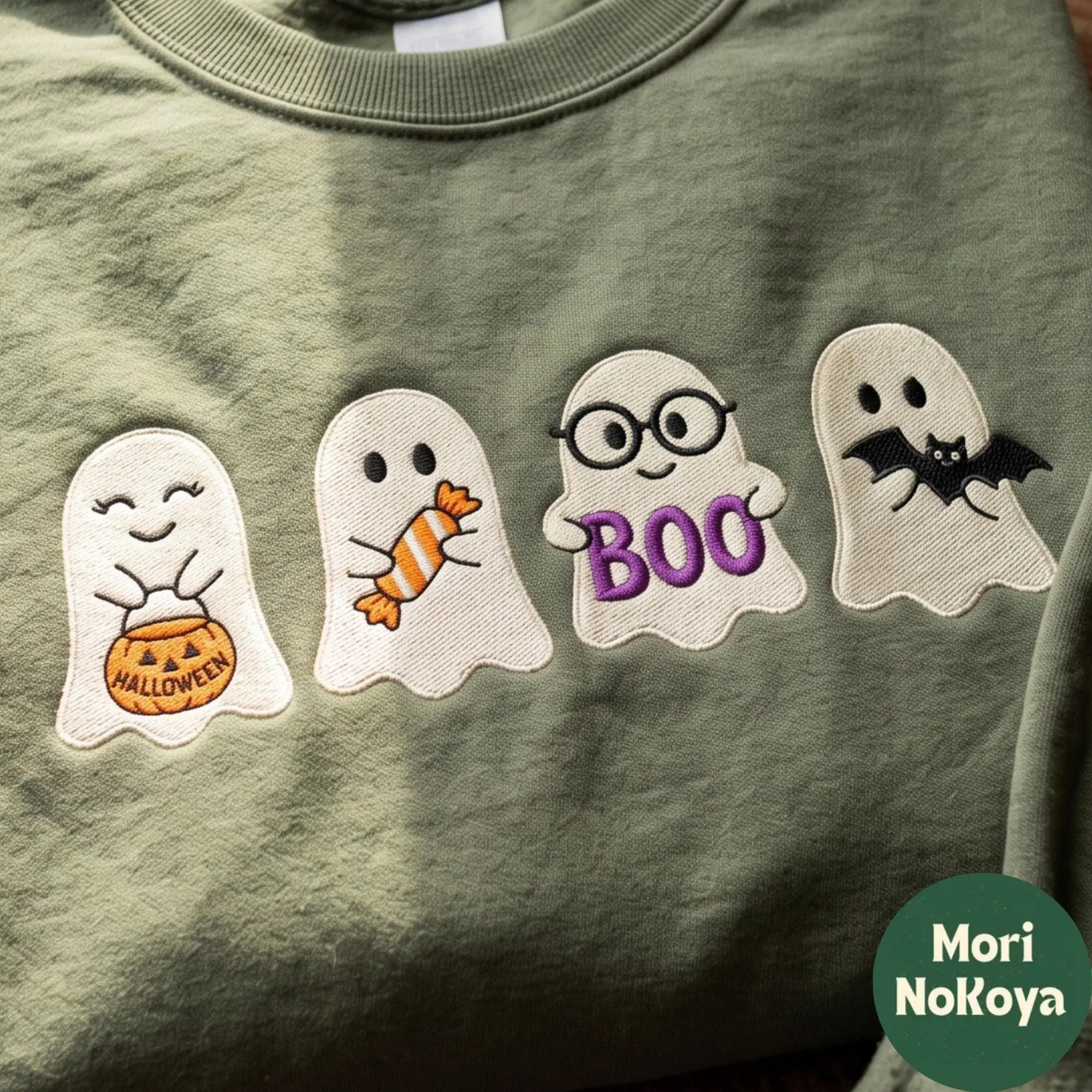 Embroidered Fall Ghost Shirt, Floral Halloween Cozy Autumn Graphic Tee, Spooky Season Gift - photo 2