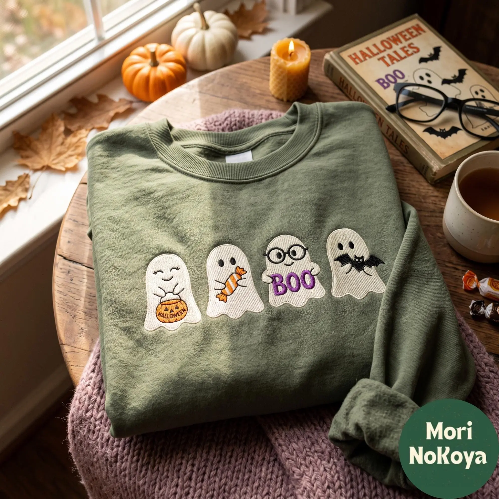 Embroidered Fall Ghost Shirt, Floral Halloween Cozy Autumn Graphic Tee, Spooky Season Gift - photo 3