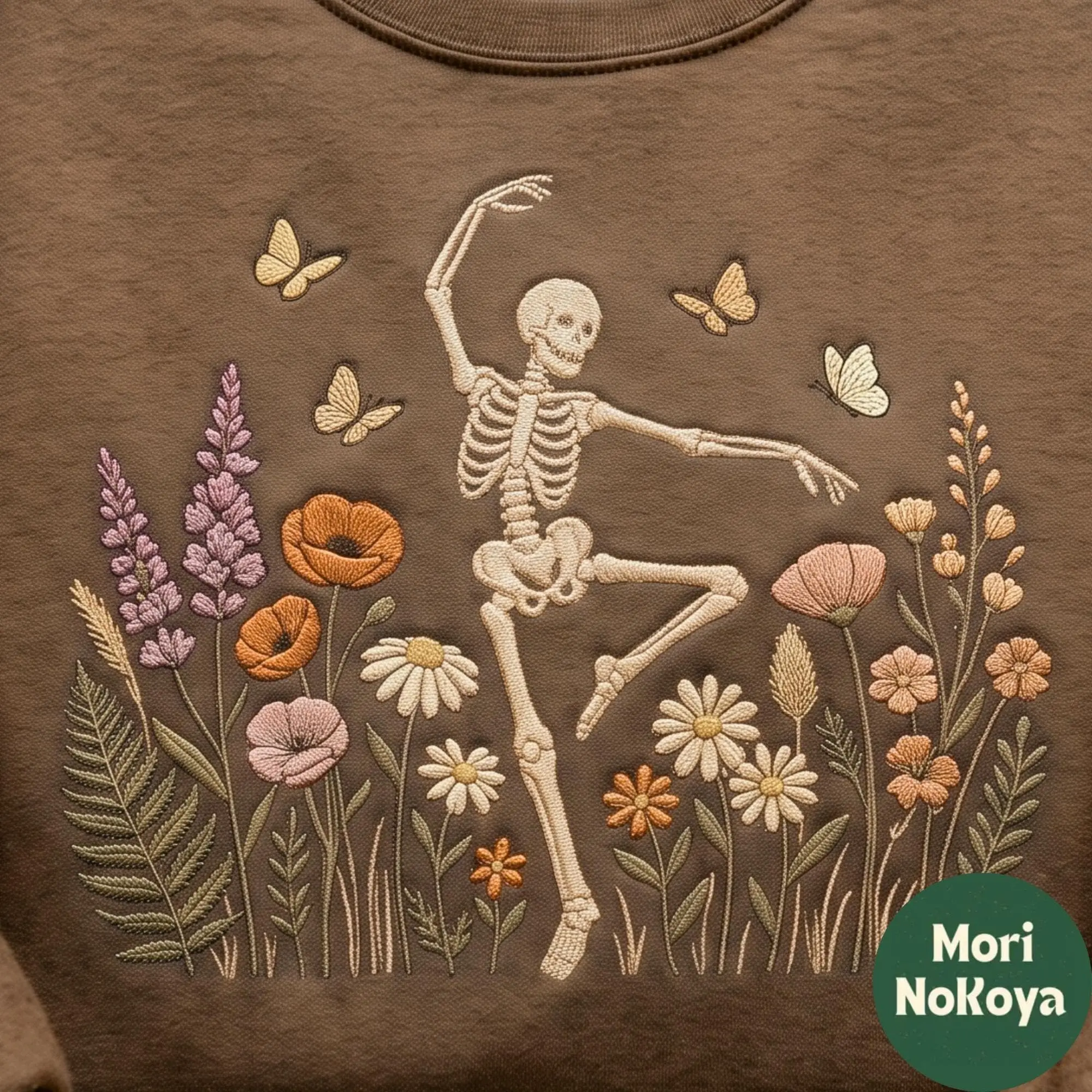 Embroidered Floral Skeleton Dancing Shirt, Wildflower Spooky Season Halloween Graphic Womens Fall Gift Tee - photo 2