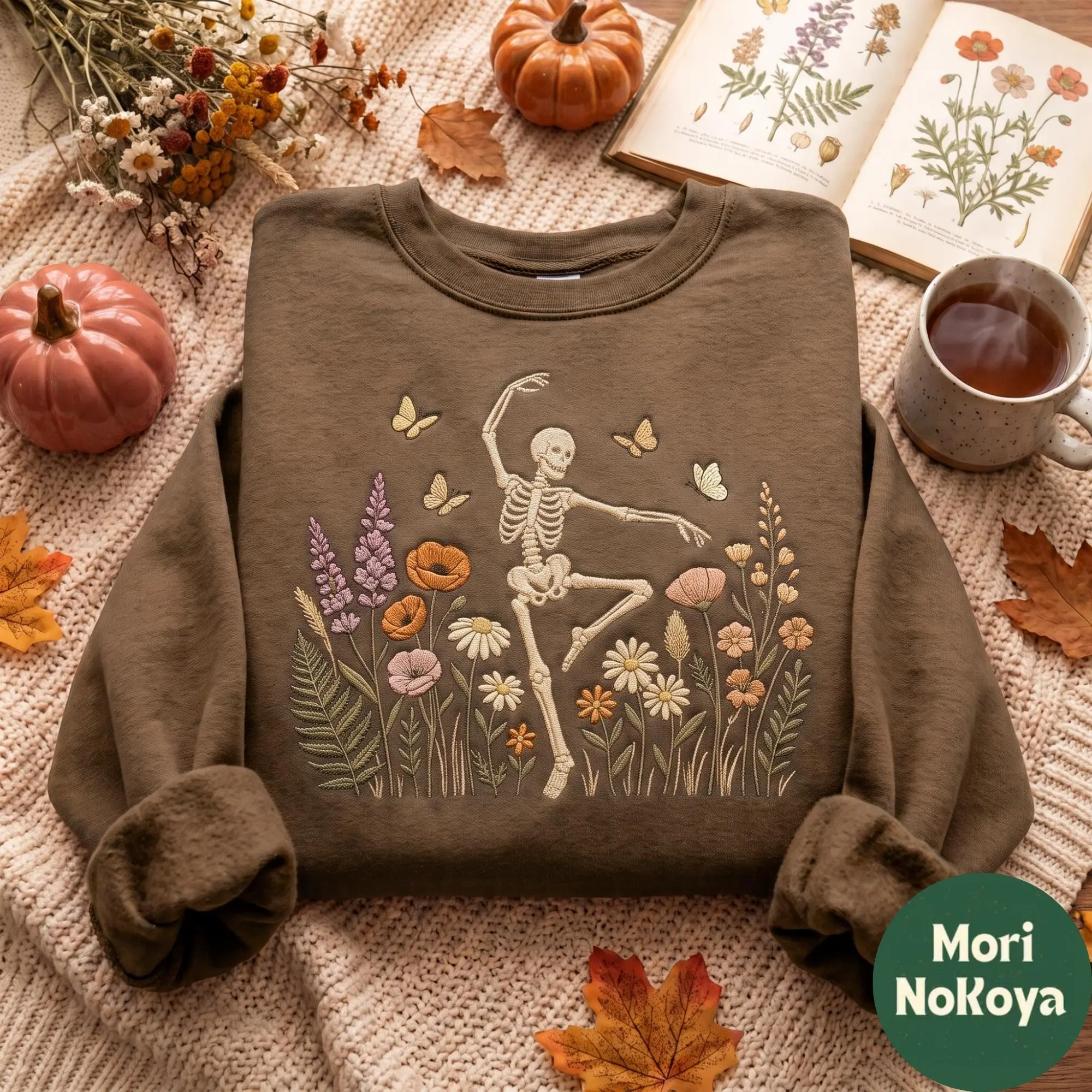 Embroidered Floral Skeleton Dancing Shirt, Wildflower Spooky Season Halloween Graphic Womens Fall Gift Tee - photo 3
