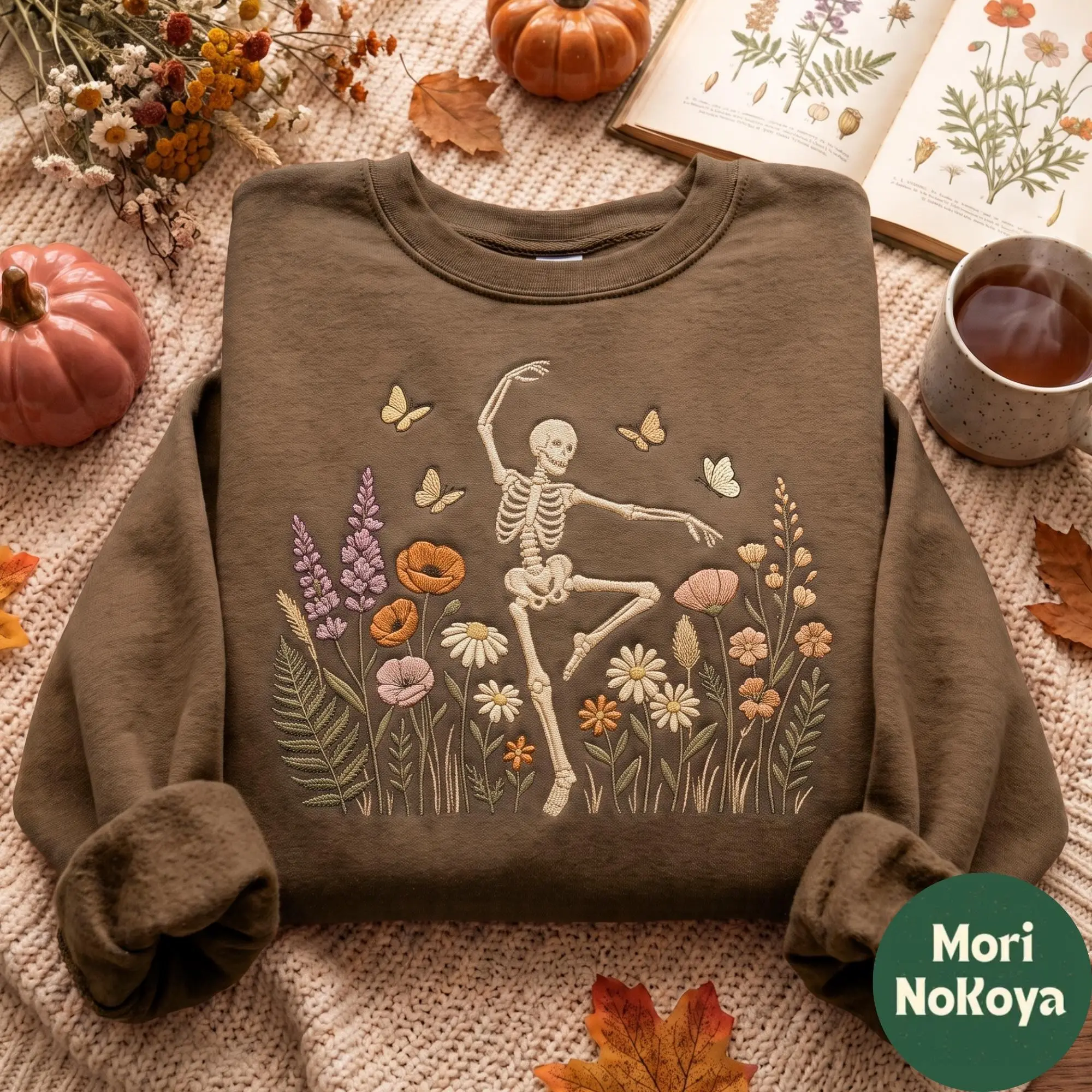 Embroidered Floral Skeleton Dancing Sweatshirt, Wildflower Spooky Season Halloween Graphic Womens Fall Gift