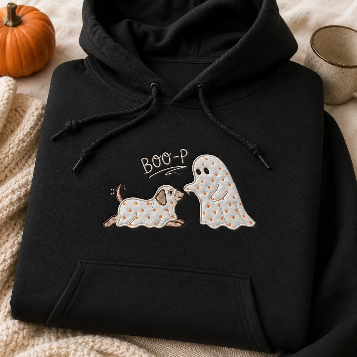 Embroidered Ghost Puppy Boop Women Hoodie Halloween Party, Cute Spooky Canine October Fleece Pullover Pet Mom Gift