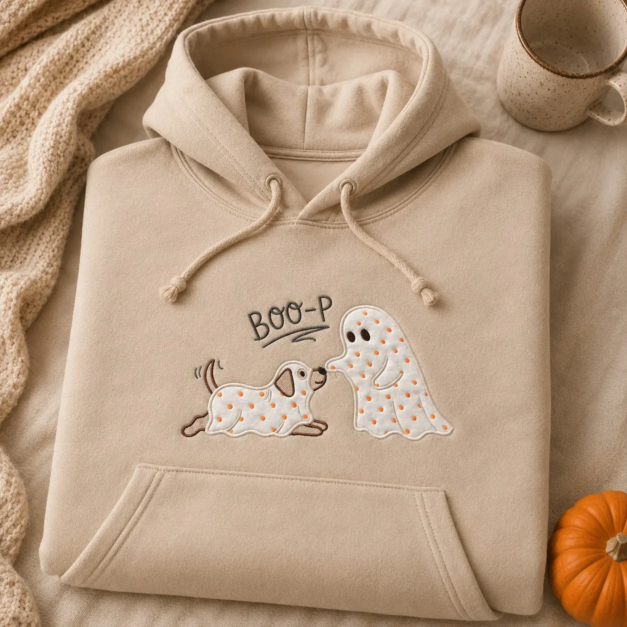 Embroidered Ghost Puppy Boop Women Hoodie Halloween Party, Cute Spooky Canine October Fleece Pullover Pet Mom Gift - photo 2