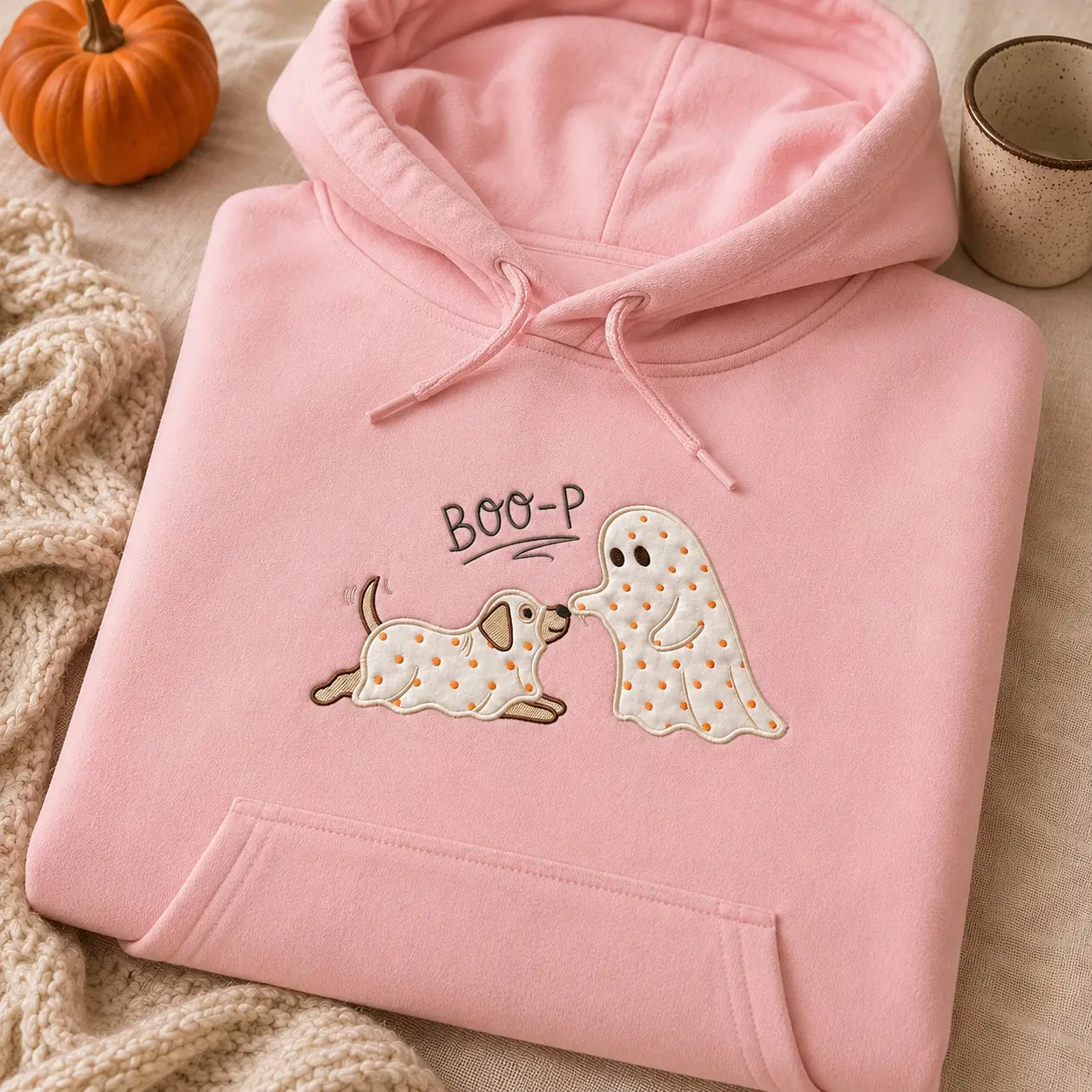 Embroidered Ghost Puppy Boop Women Hoodie Halloween Party, Cute Spooky Canine October Fleece Pullover Pet Mom Gift - photo 3