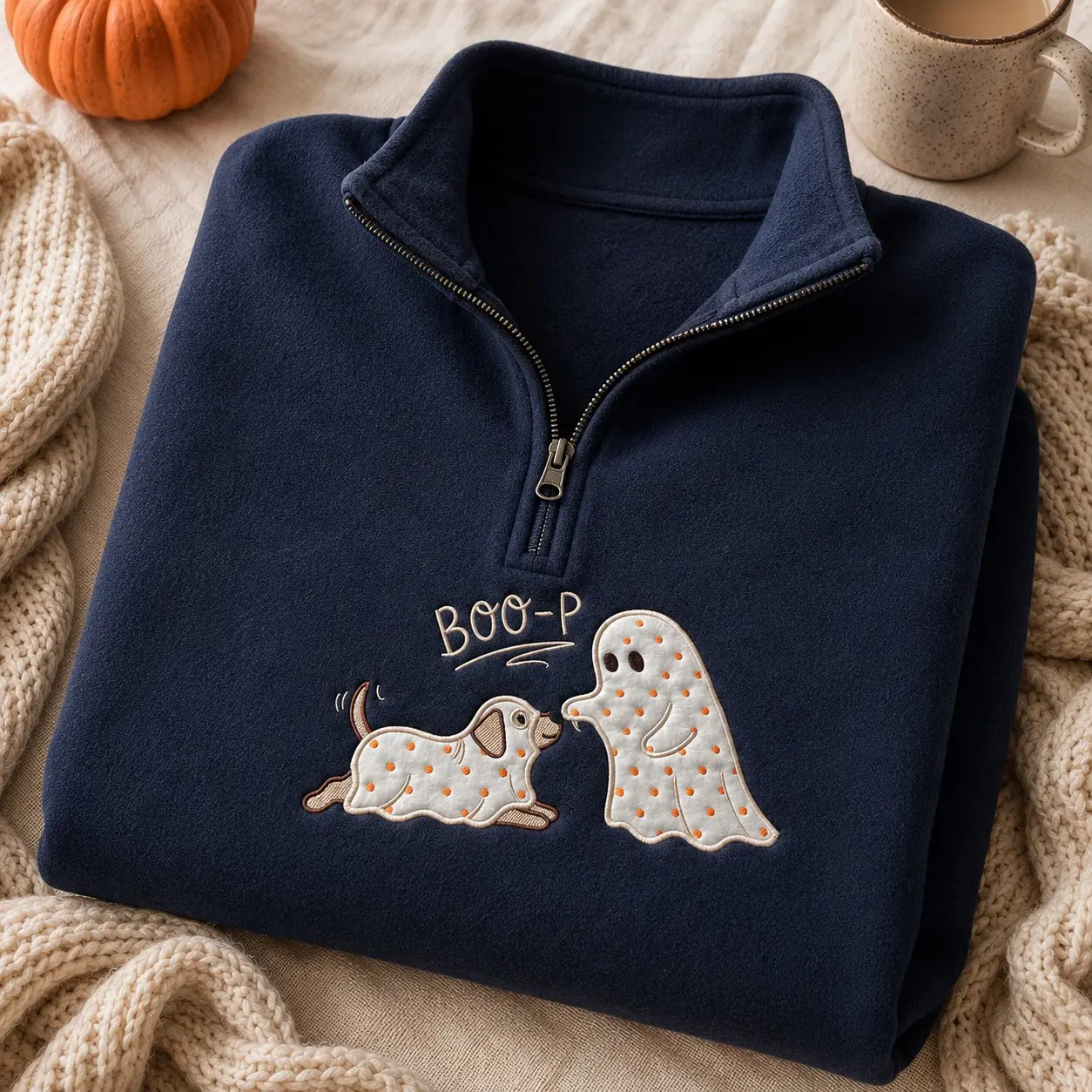 Embroidered Ghost Puppy Boop Zip Sweatshirt, Cute Spooky Halloween October Fleece Pullover Pet Mom Gift