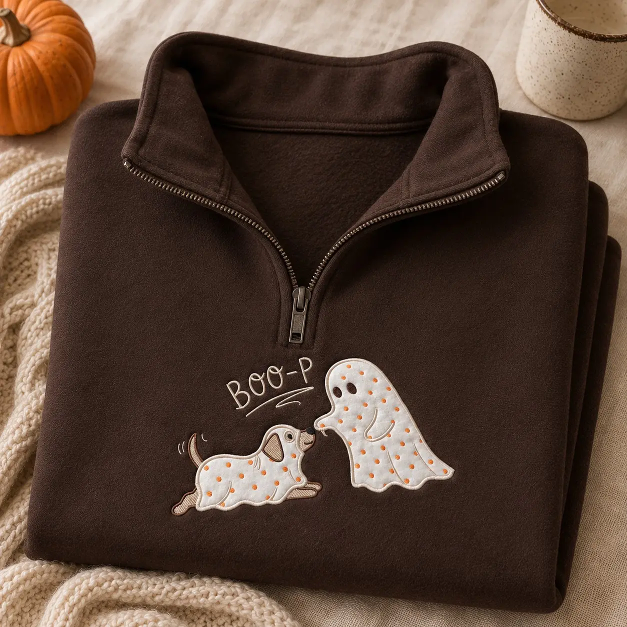 Embroidered Ghost Puppy Boop Zip Sweatshirt, Cute Spooky Halloween October Fleece Pullover Pet Mom Gift - photo 2