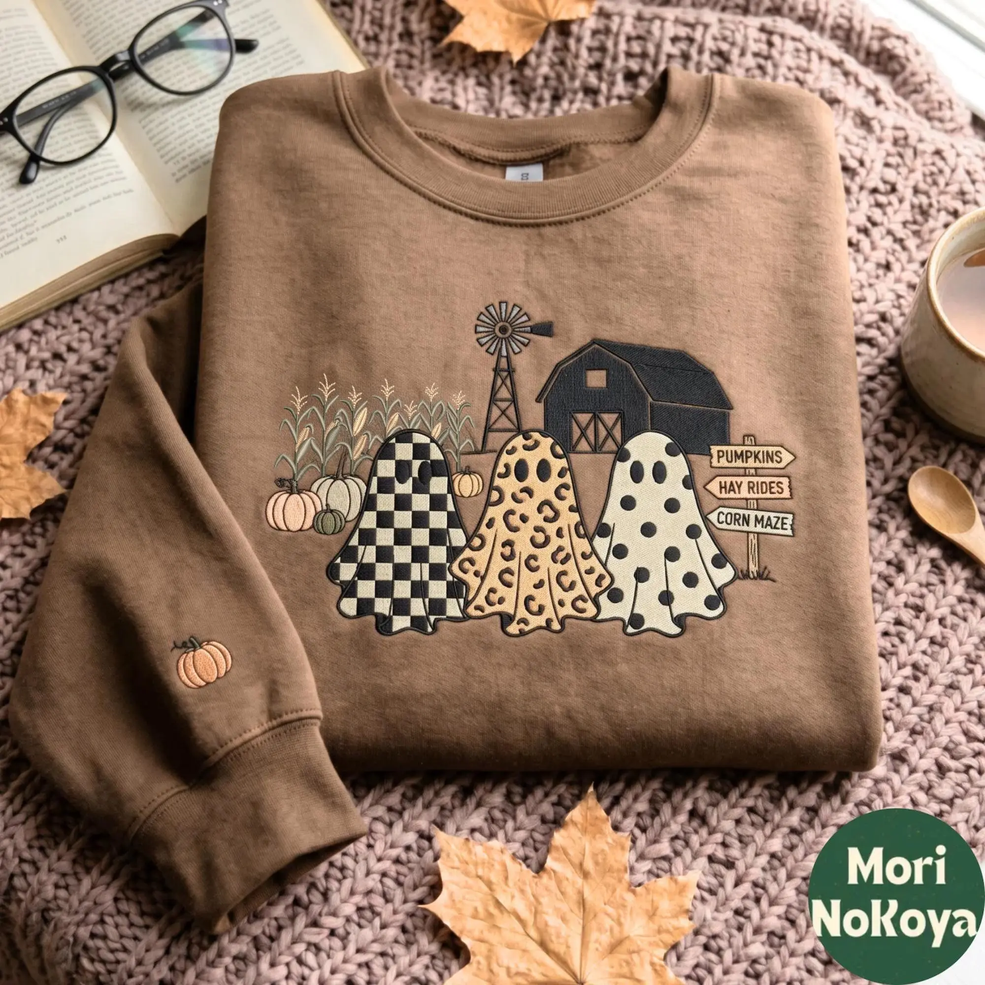 Embroidered Ghost Shirt, Women Halloween Farm Pumpkins Corn Maze Checkered Leopard Polka Dot Fall Autumn Tee