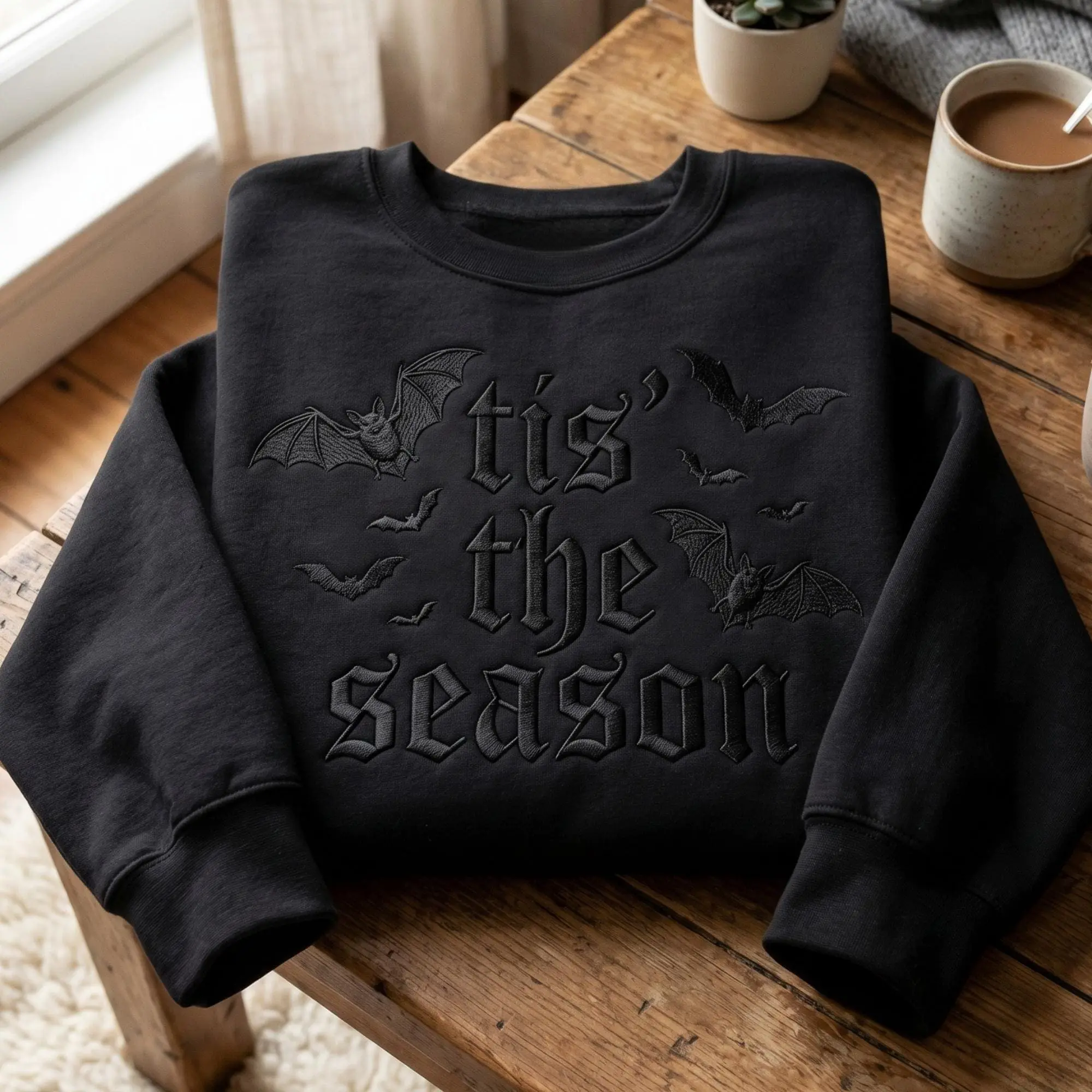 Embroidered Goth Halloween Tis the Season Shirt, Gothic Bats Womens Spooky Dark Academia Fall Tee