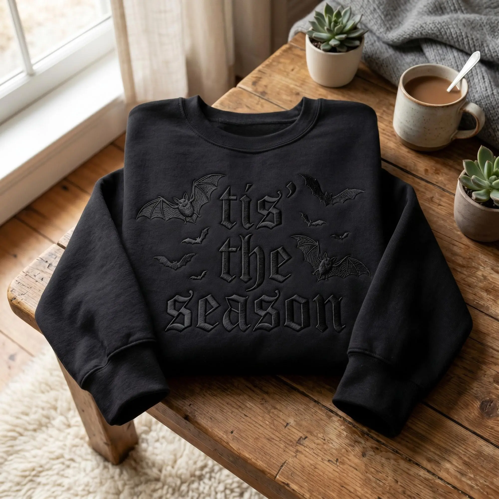 Embroidered Goth Halloween Tis the Season Shirt, Gothic Bats Womens Spooky Dark Academia Fall Tee - photo 3