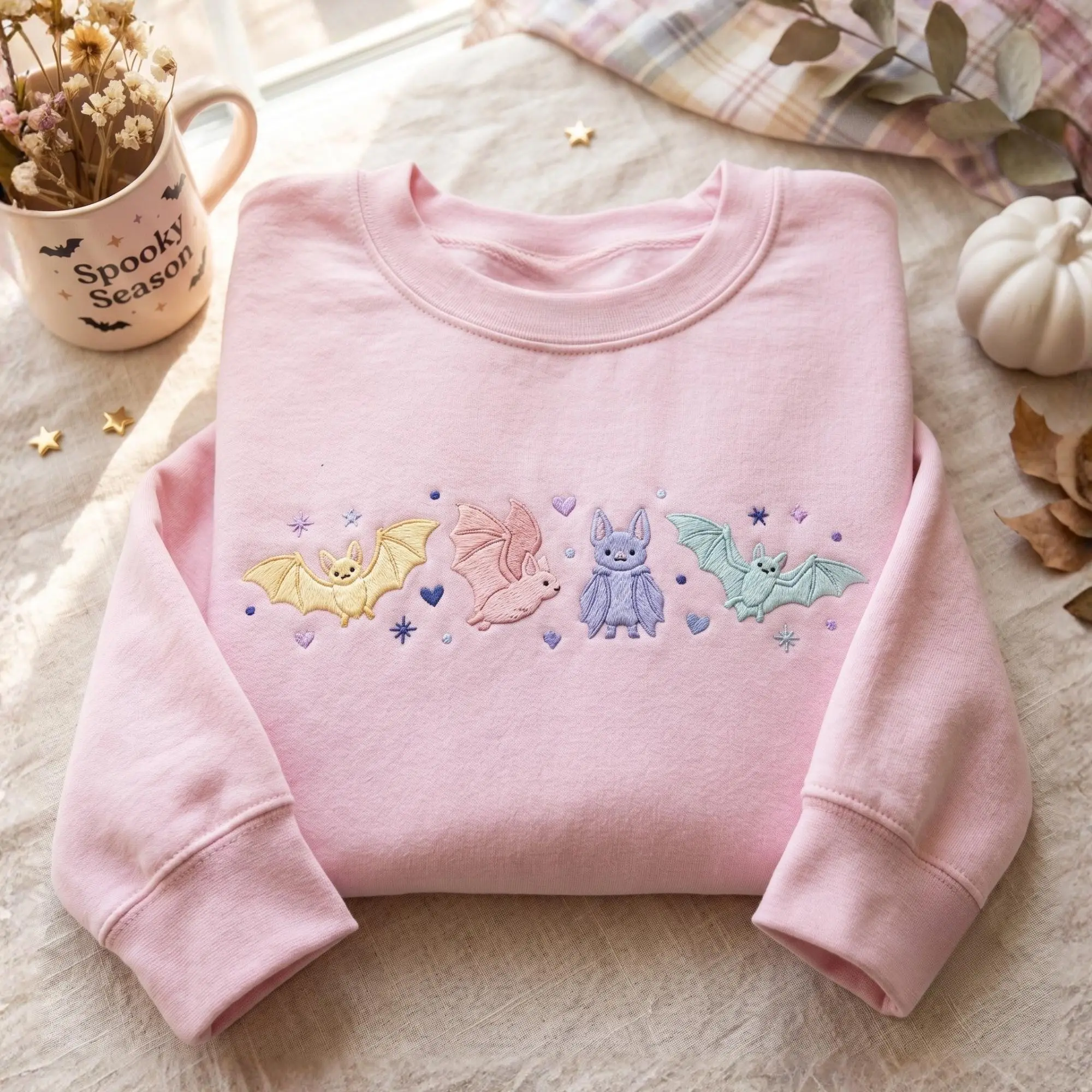 Embroidered Halloween Bat Sweatshirt, Women Whimsigoth Spooky Girly Goblincore Pink Cute Witchy Fall Crewneck