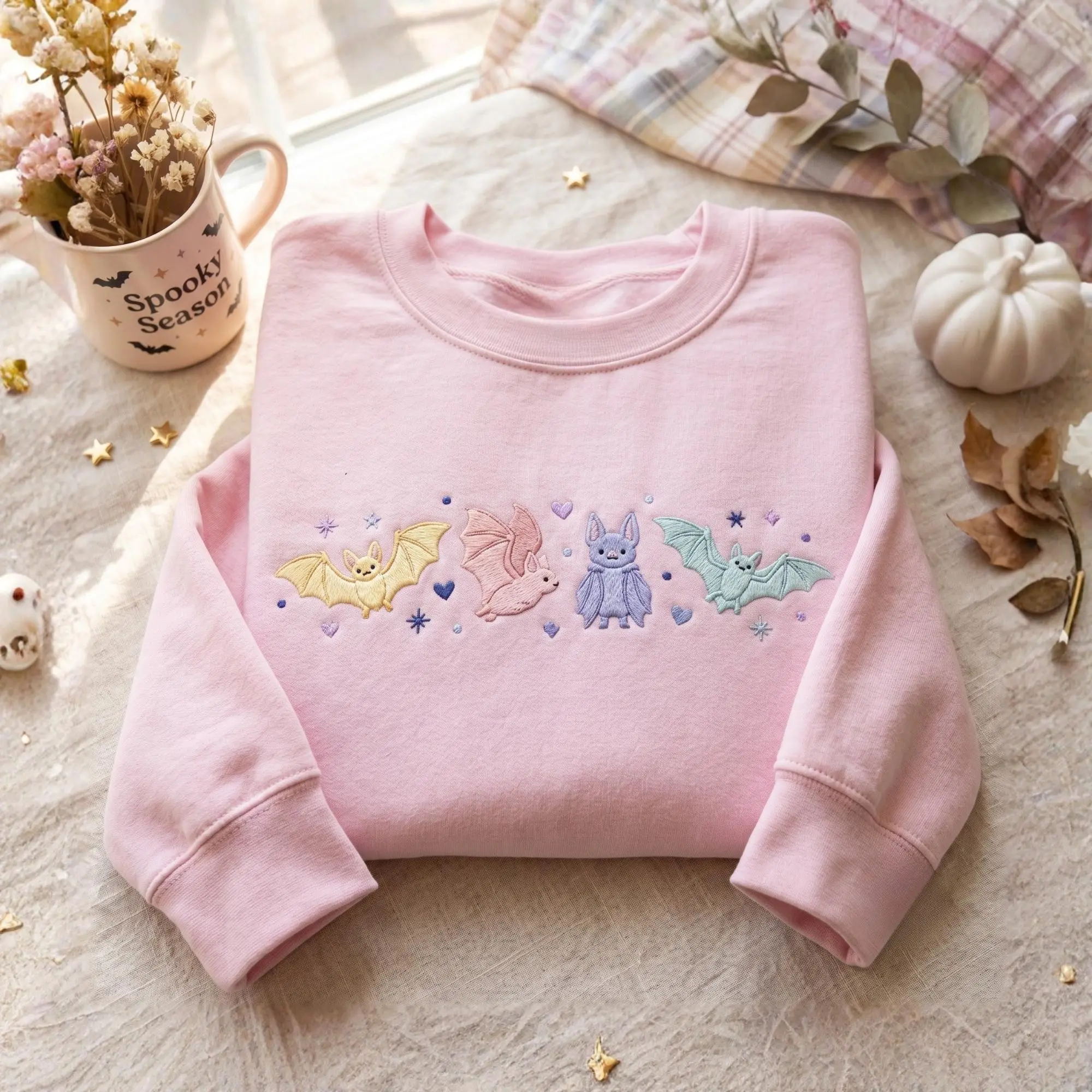 Embroidered Halloween Bat Sweatshirt, Women Whimsigoth Spooky Girly Goblincore Pink Cute Witchy Fall Crewneck - photo 3