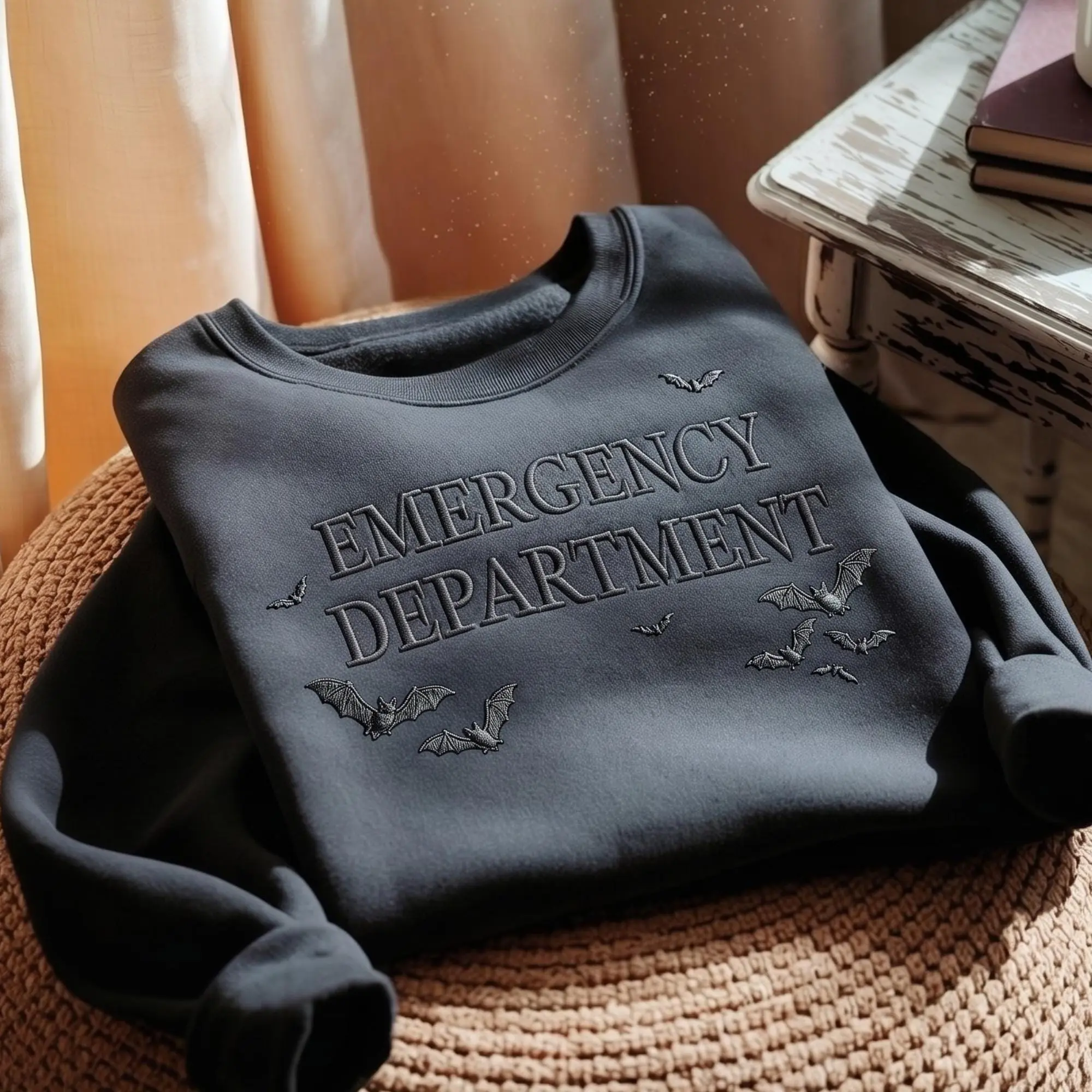 Embroidered Halloween Emergency Department Sweatshirt, Spooky ER Nurse Gothic Bat Crewneck