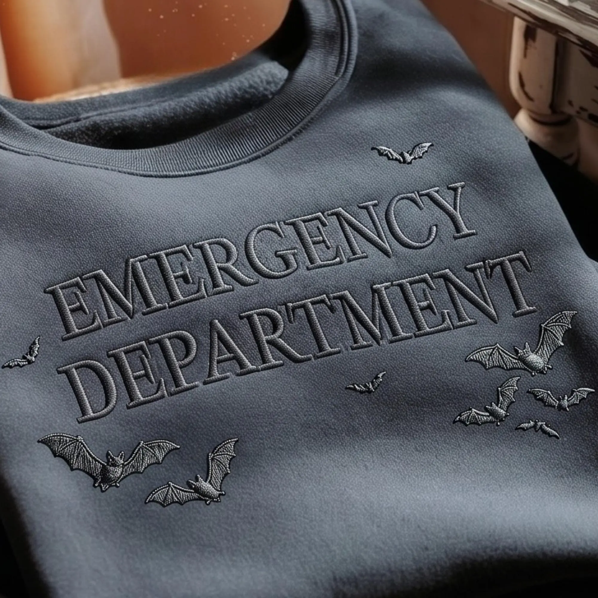 Embroidered Halloween Emergency Department Sweatshirt, Spooky ER Nurse Gothic Bat Crewneck - photo 2