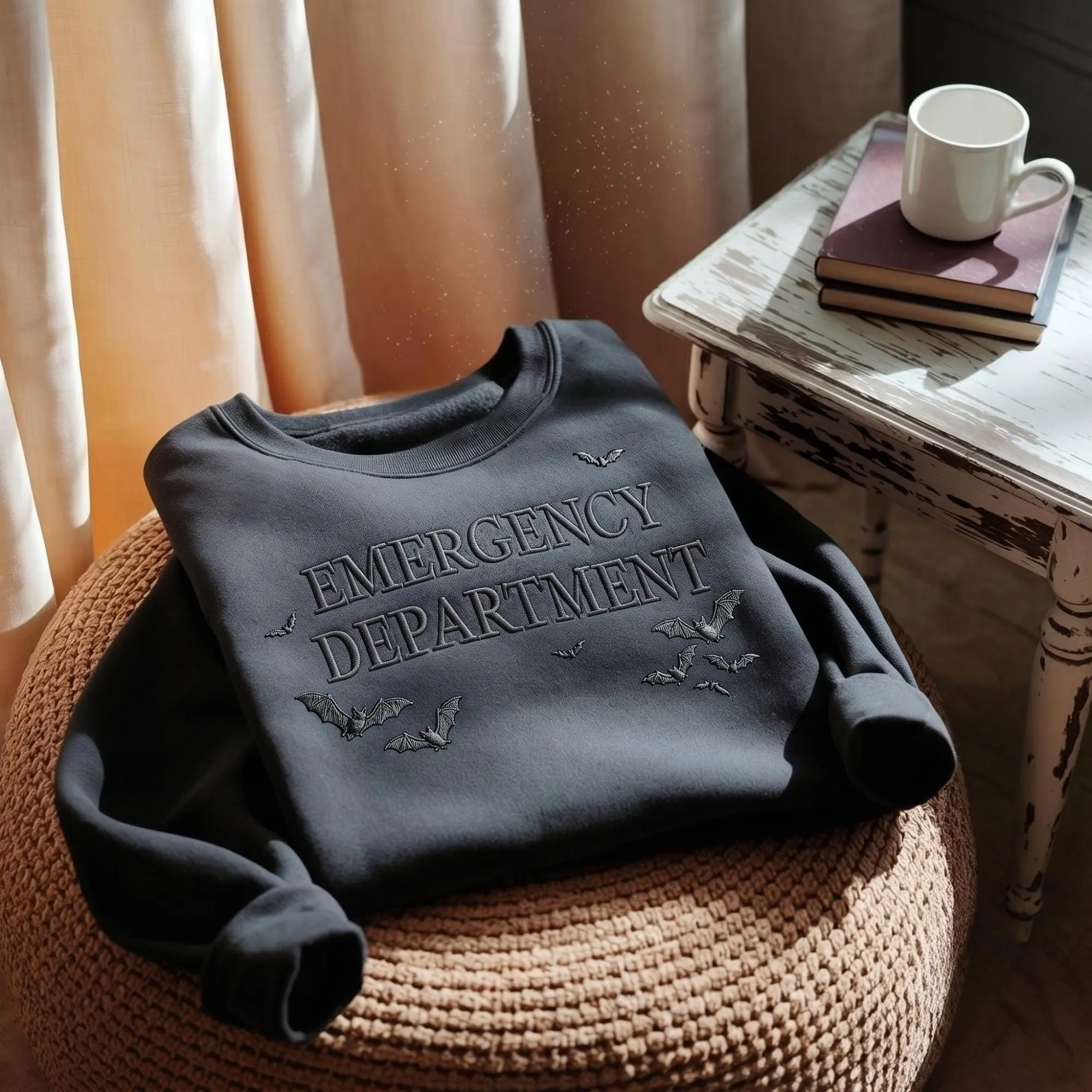Embroidered Halloween Emergency Department Sweatshirt, Spooky ER Nurse Gothic Bat Crewneck - photo 3
