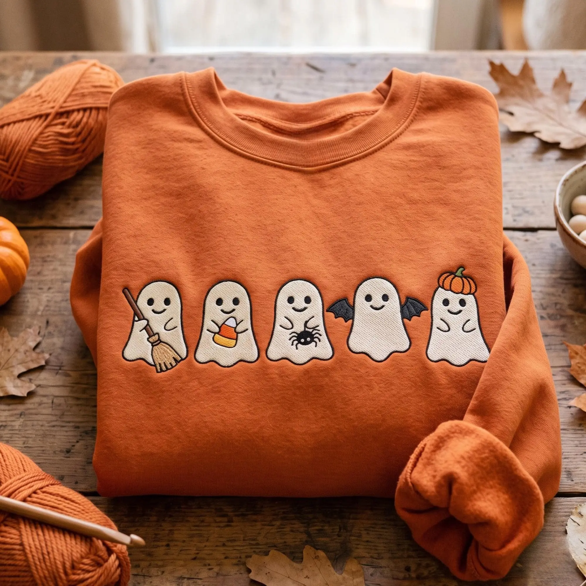 Embroidered Halloween Ghost Shirt for Women, Spooky Fall Pumpkin Jumper, Cute Autumn Graphic Top