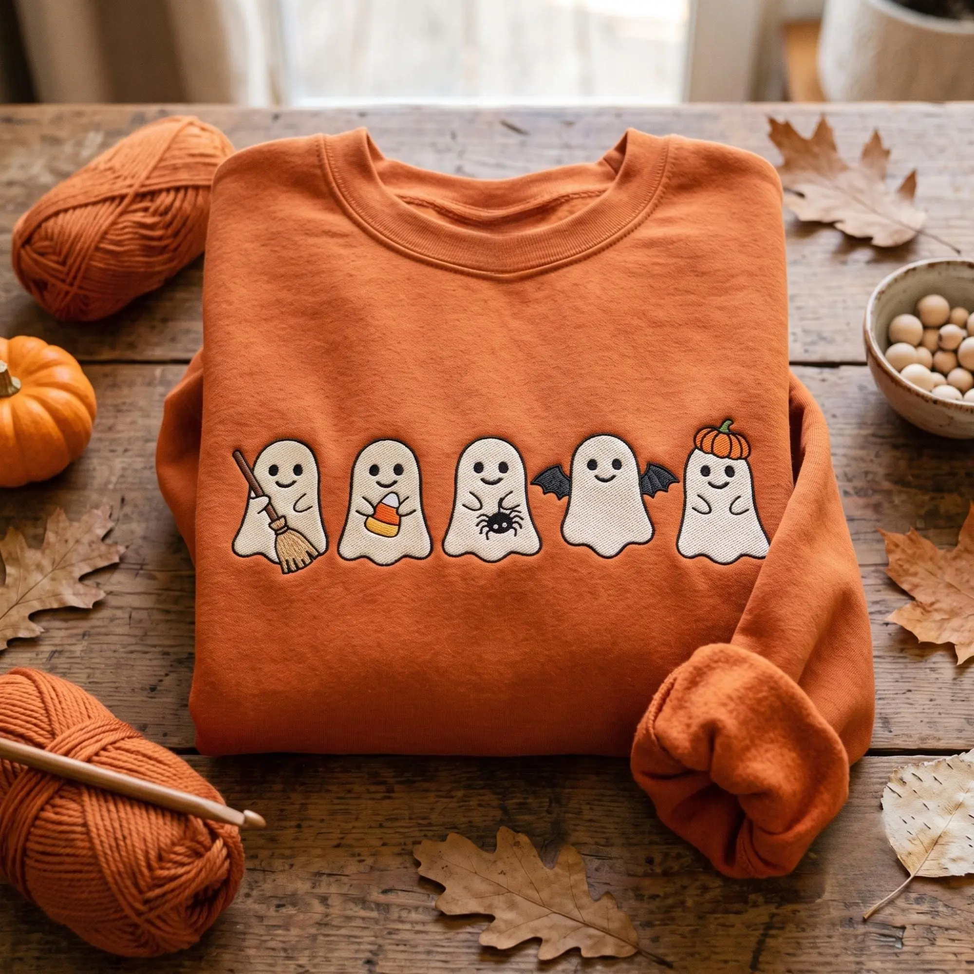 Embroidered Halloween Ghost Shirt for Women, Spooky Fall Pumpkin Jumper, Cute Autumn Graphic Top - photo 3