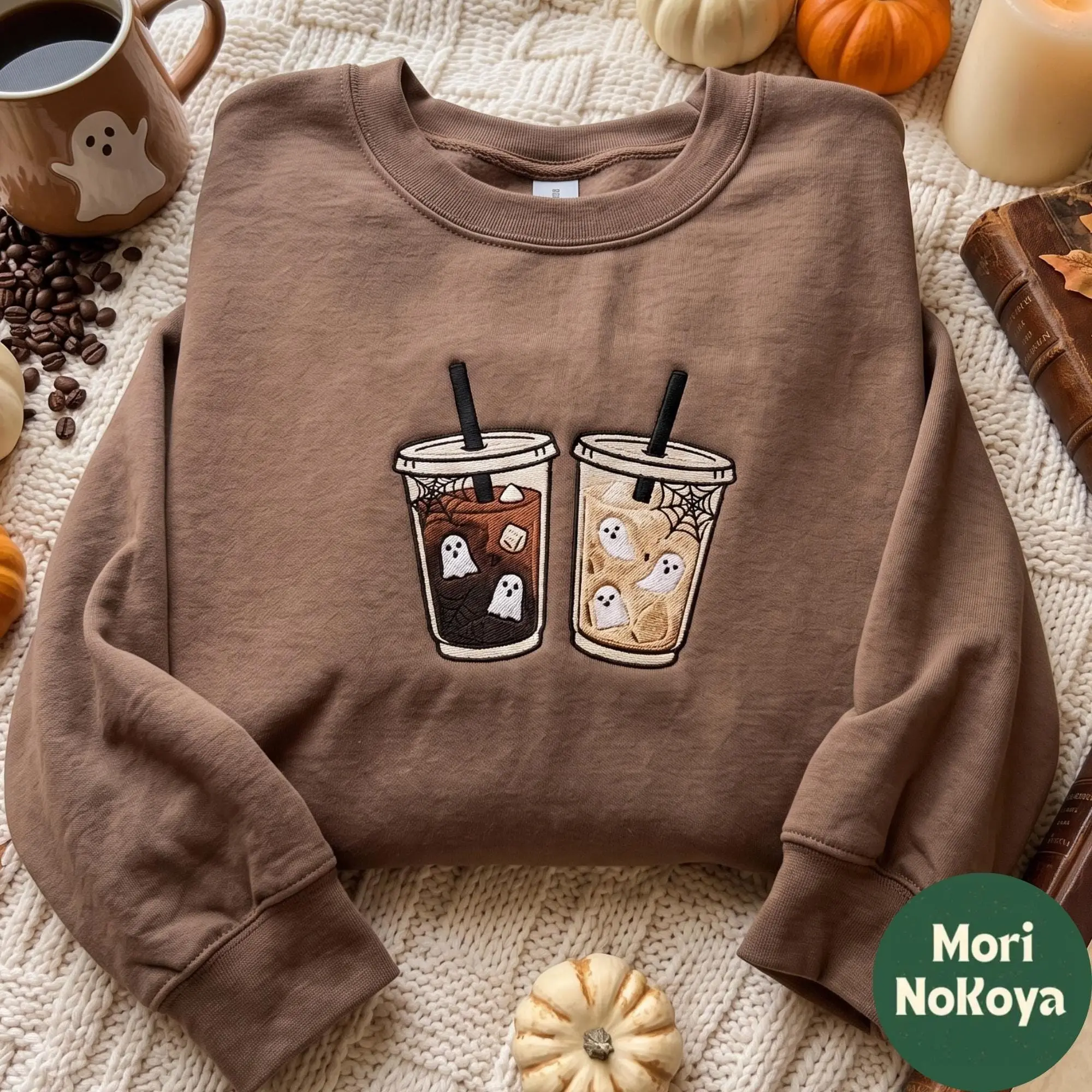 Embroidered Halloween Ghost Sweatshirt, Women Caffeine Addiction Coffee Funny Cute Spooky Season Fall Graphic - photo 1