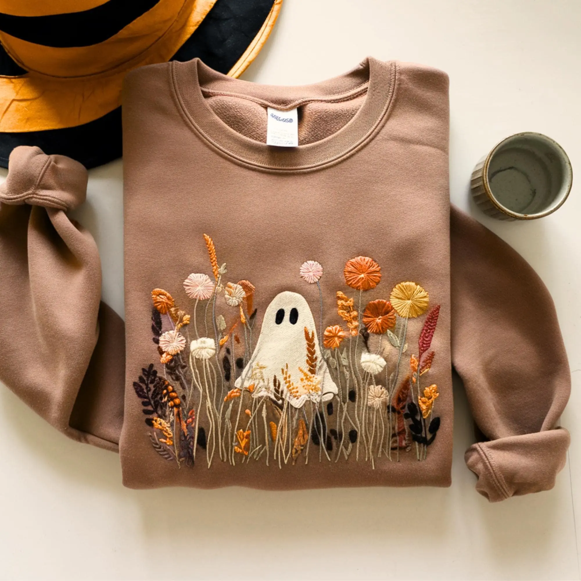 Embroidered Halloween Ghost Sweatshirt, Spooky Wildflower Floral Fall Crewneck, Cute Gift for Women