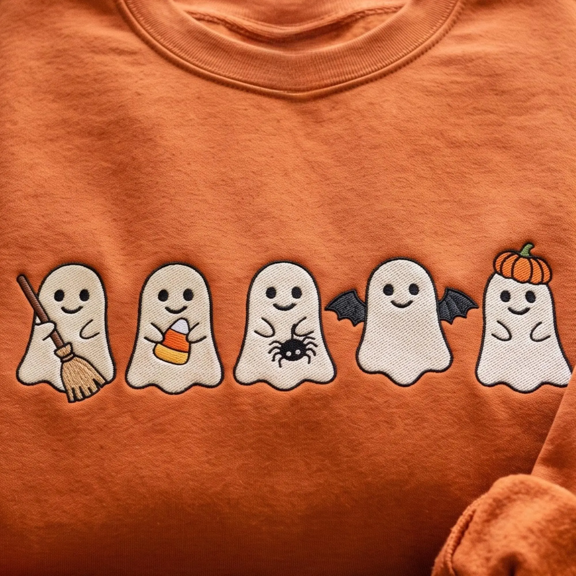 Embroidered Halloween Ghost Sweatshirt for Women, Spooky Fall Pumpkin Jumper, Cute Autumn Crewneck - photo 2