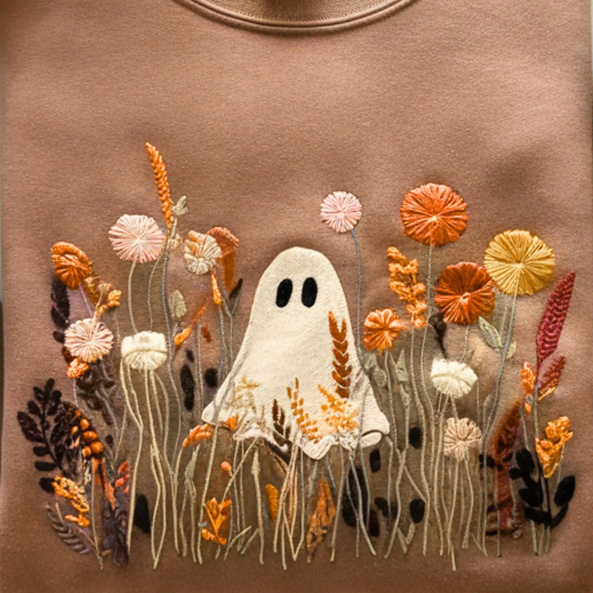 Embroidered Halloween Ghost Sweatshirt, Spooky Wildflower Floral Fall Crewneck, Cute Gift for Women - photo 2