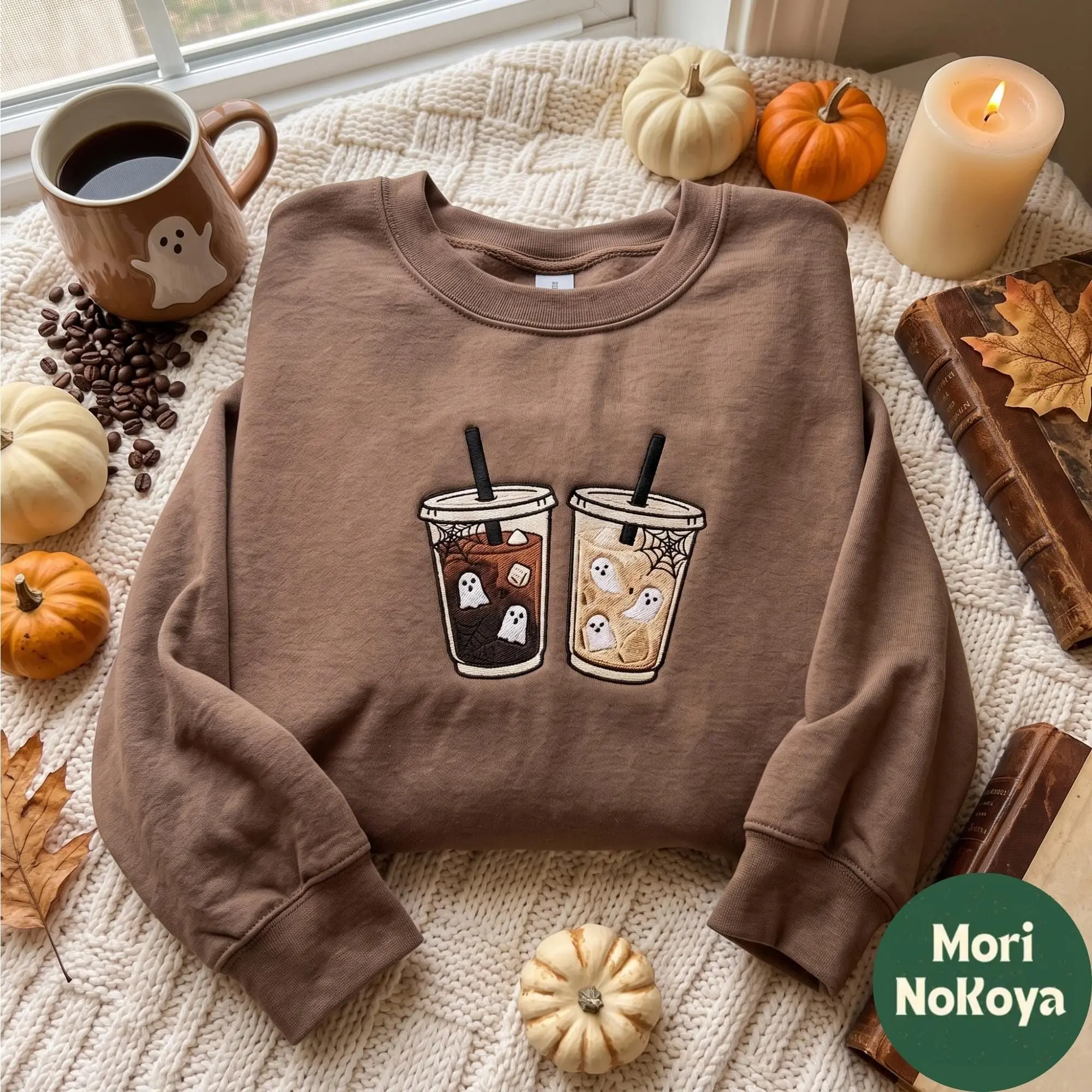 Embroidered Halloween Ghost Sweatshirt, Women Caffeine Addiction Coffee Funny Cute Spooky Season Fall Graphic - photo 3