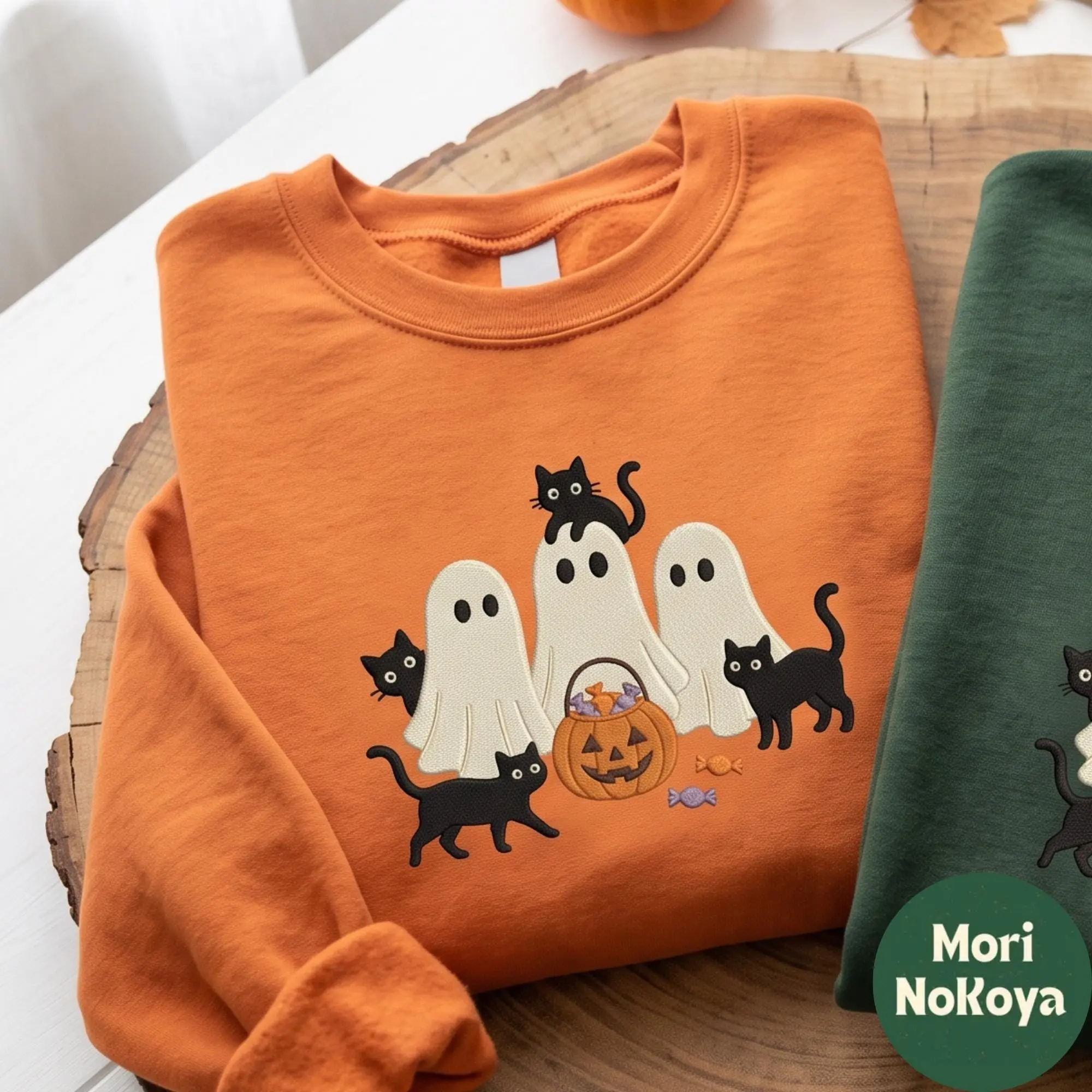 Embroidered Halloween Shirt, Ghost Pumpkin and Black Cat Spooky Season Autumn Graphic Tee - photo 2