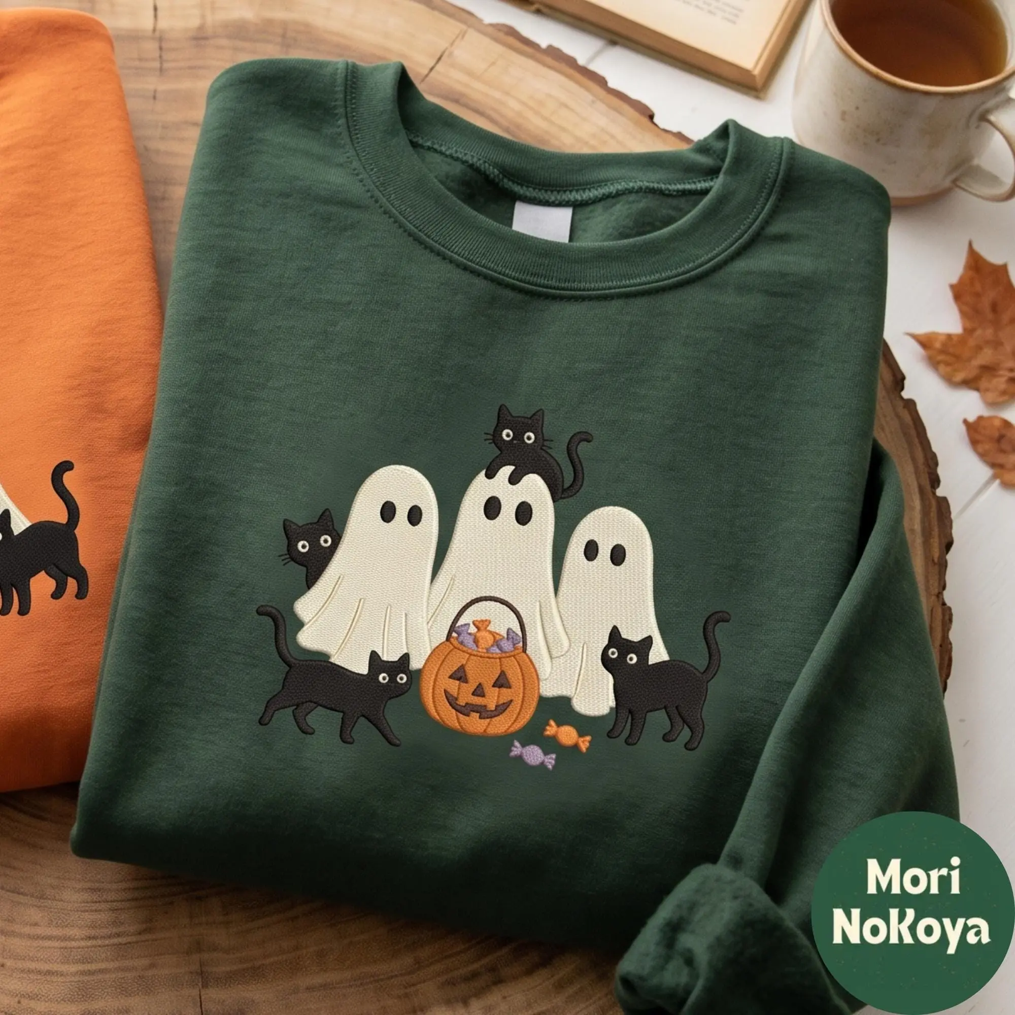 Embroidered Halloween Shirt, Ghost Pumpkin and Black Cat Spooky Season Autumn Graphic Tee - photo 3