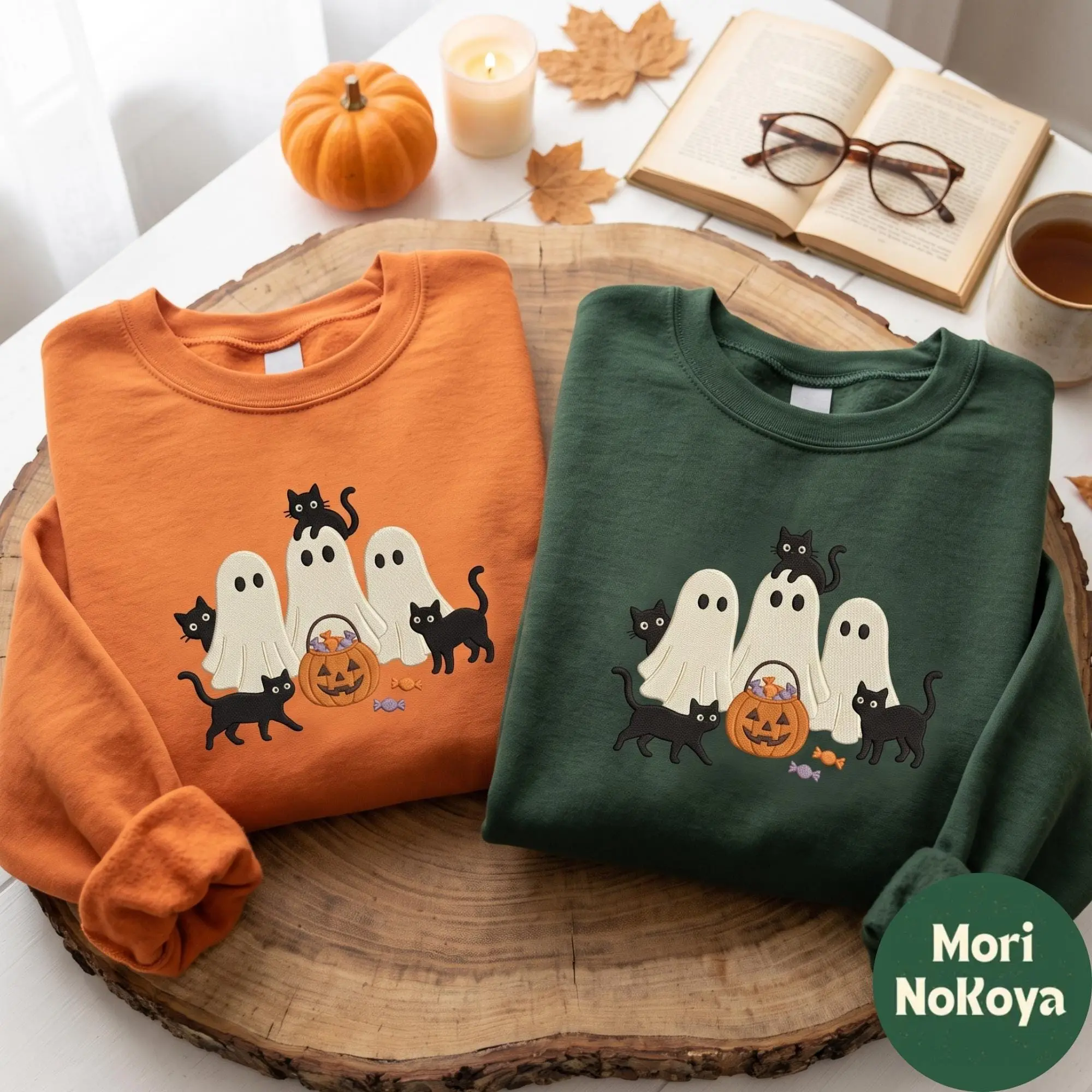 Embroidered Halloween Sweatshirt, Ghost Pumpkin and Black Cat Spooky Season Autumn Crewneck