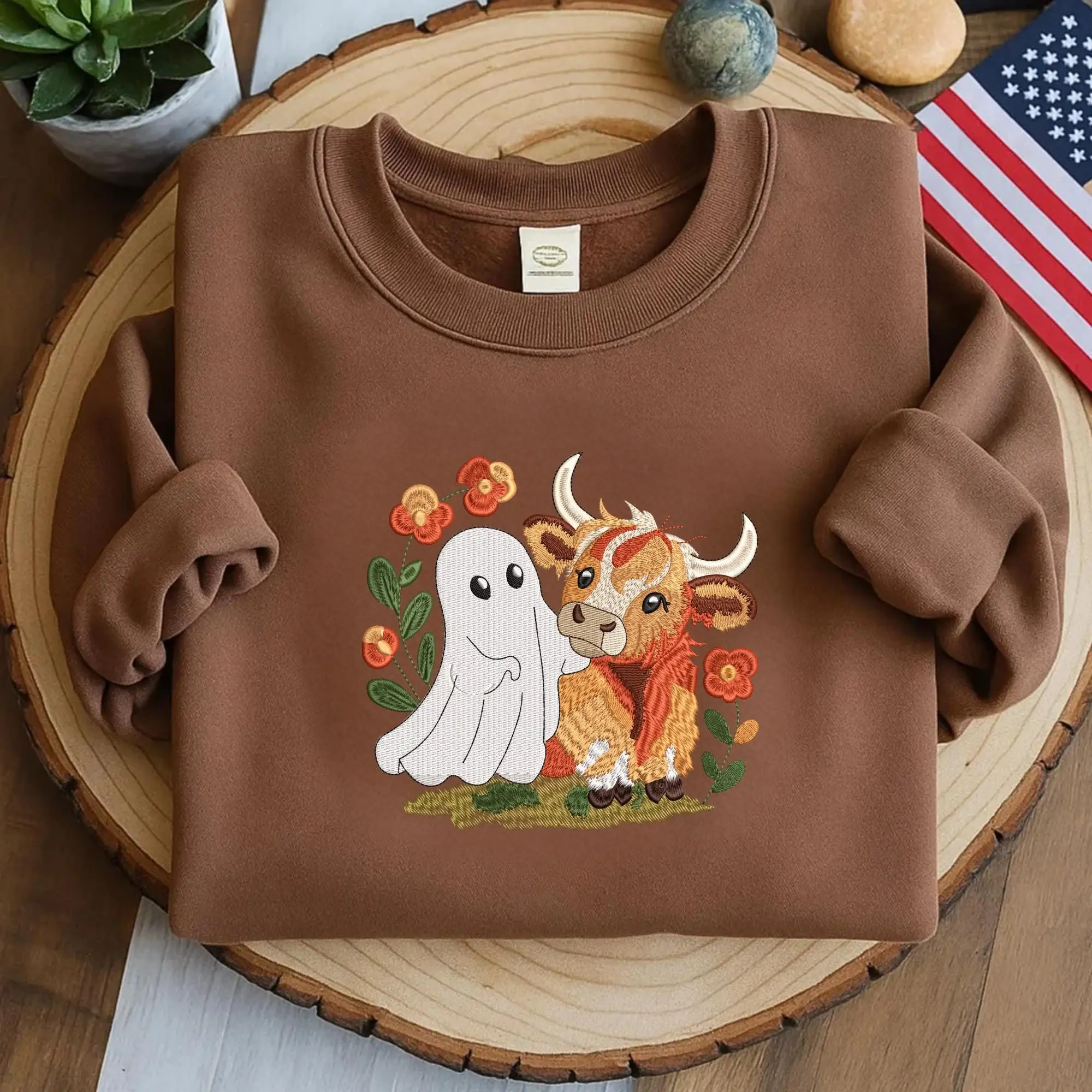 Embroidered Highland Cow Ghost Shirt, Spooky Western Halloween Cute Fall Graphic Tee