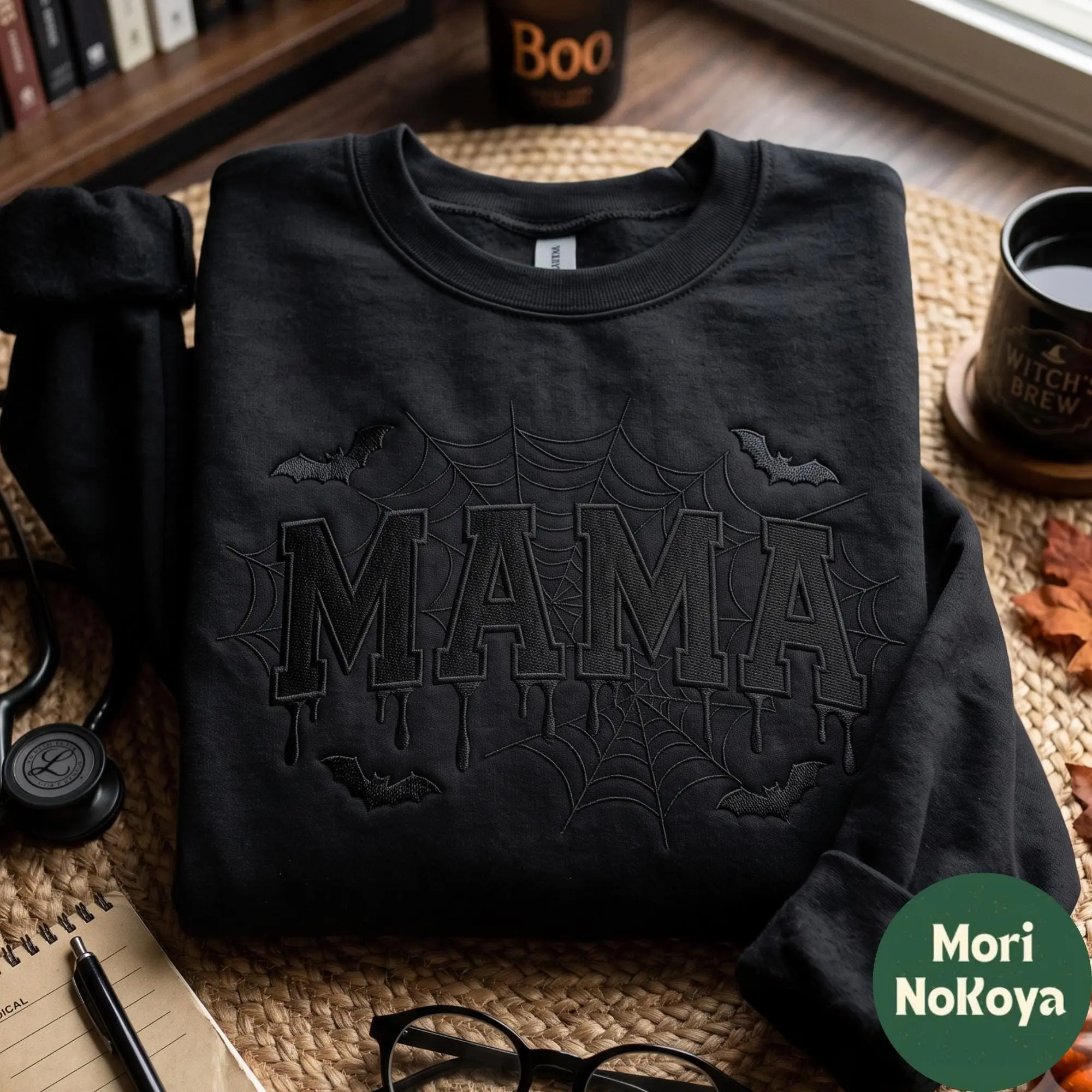 Embroidered Mama Halloween Shirt, Bat Wings Style Mom Womens Fall Cute Graphic Top Gift