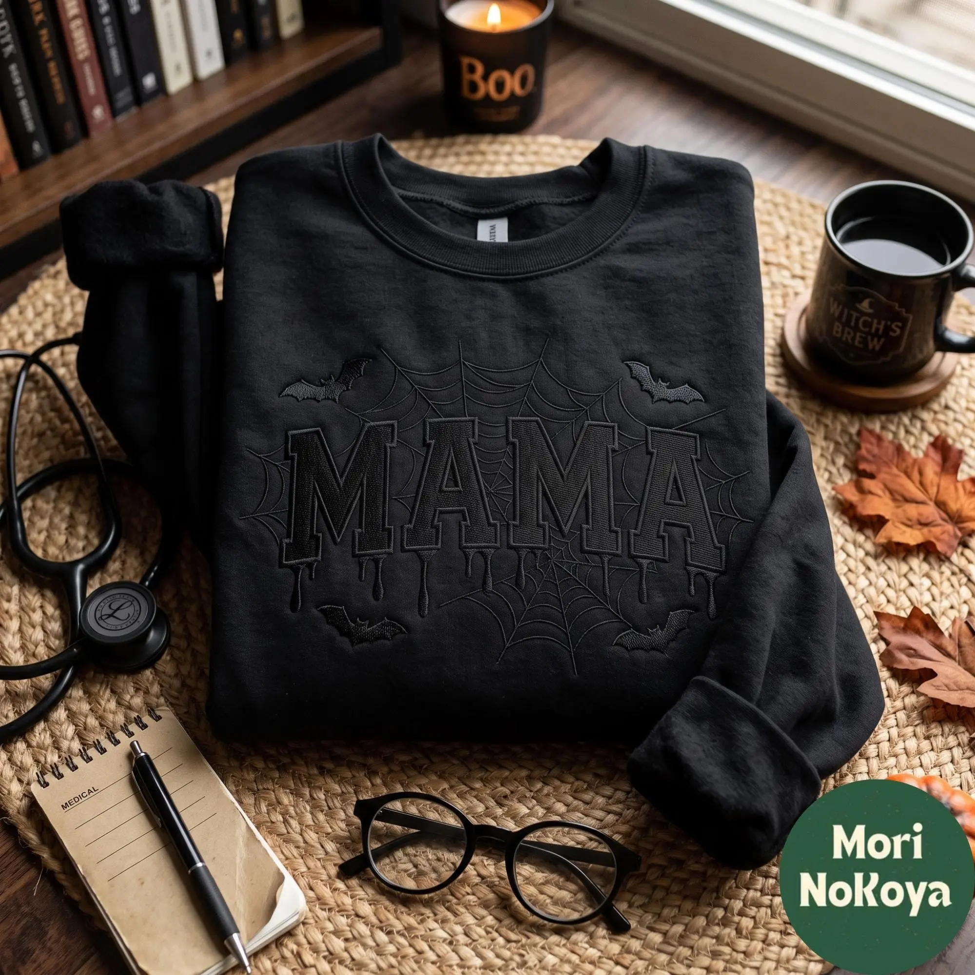 Embroidered Mama Halloween Shirt, Bat Wings Style Mom Womens Fall Cute Graphic Top Gift - photo 3