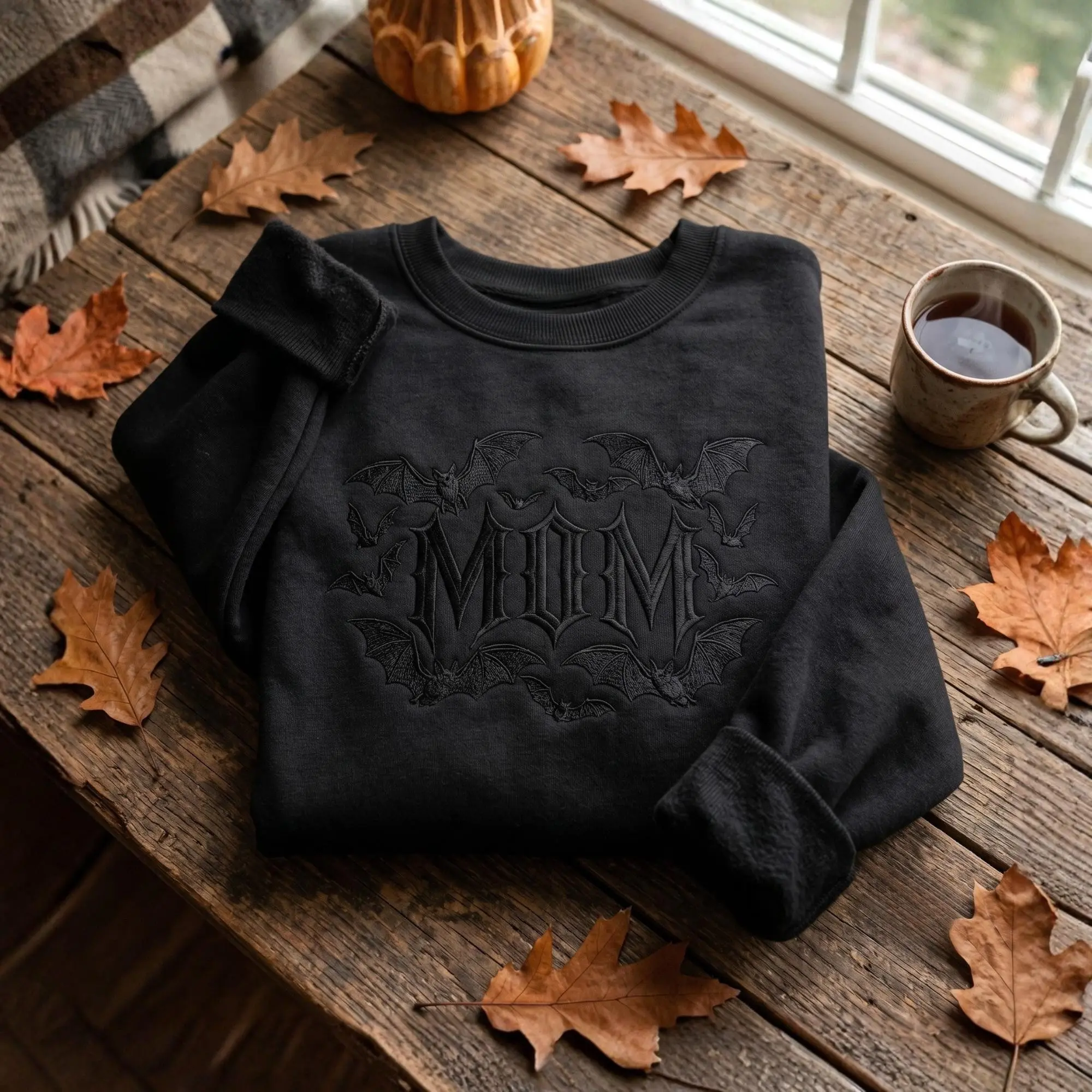 Embroidered Mom Shirt, Gothic Mama Goth Bat Halloween Mother Gift Graphic Tee - photo 3