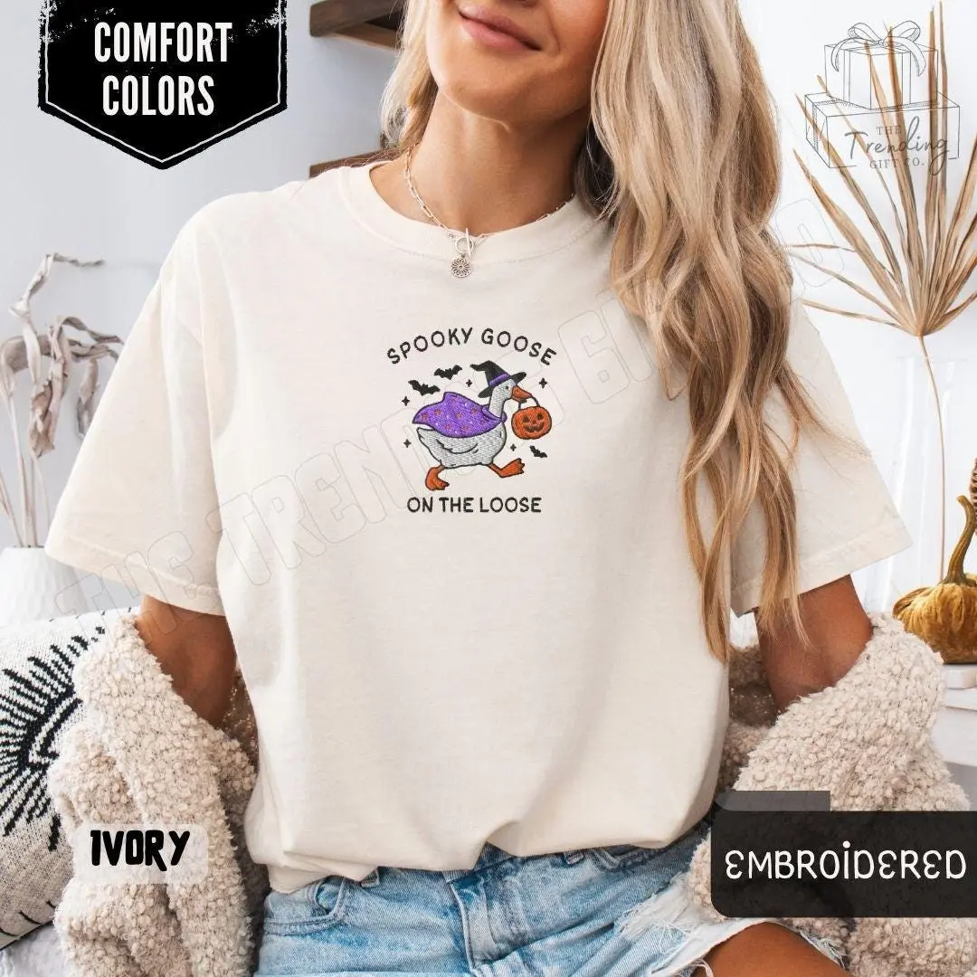 Embroidered Spooky Goose Comfort Colors Halloween T-Shirt, Witchy Silly Bird Lover Tee, Girly Gift for Women