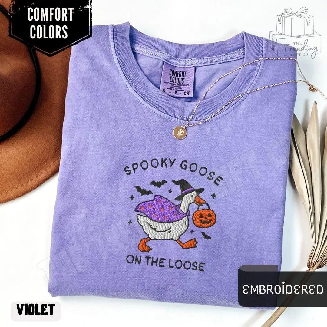 Embroidered Spooky Goose Comfort Colors Halloween T-Shirt, Witchy Silly Bird Lover Tee, Girly Gift for Women - photo 2