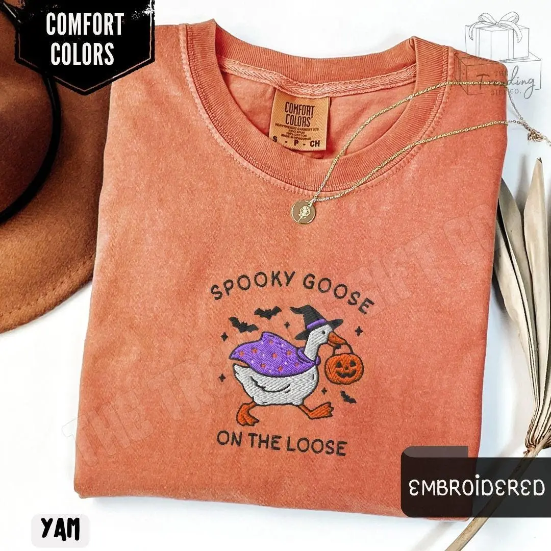 Embroidered Spooky Goose Comfort Colors Halloween T-Shirt, Witchy Silly Bird Lover Tee, Girly Gift for Women - photo 3