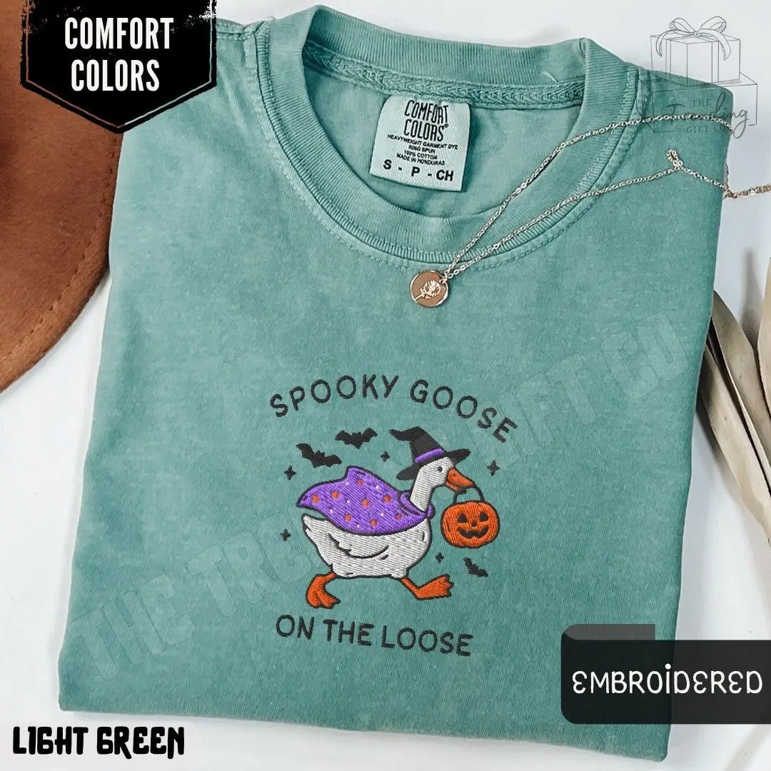 Embroidered Spooky Goose Comfort Colors Halloween T-Shirt, Witchy Silly Bird Lover Tee, Girly Gift for Women - photo 4