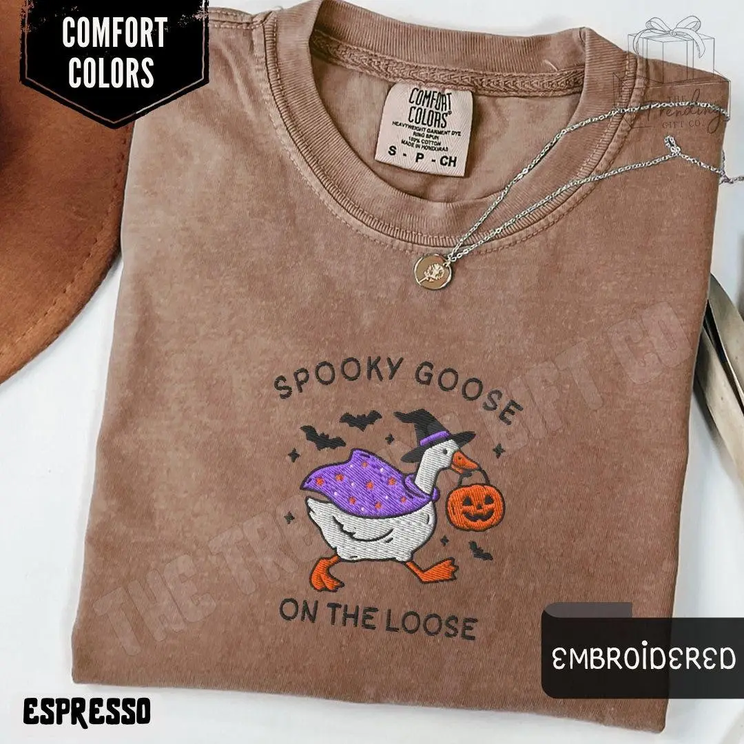 Embroidered Spooky Goose Comfort Colors Halloween T-Shirt, Witchy Silly Bird Lover Tee, Girly Gift for Women - photo 5