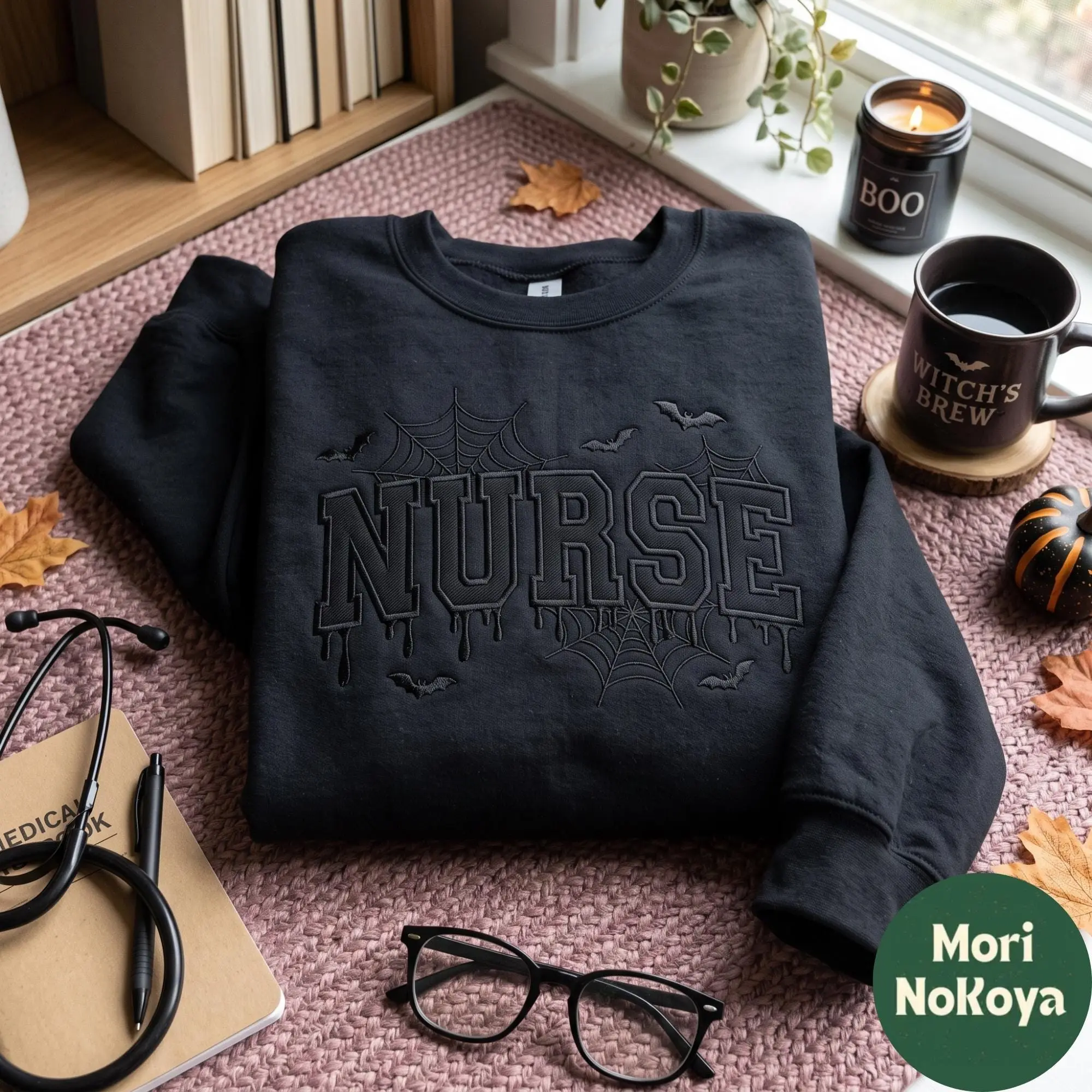 Embroidered Spooky Nurse Halloween Sweatshirt, Ghost Nurses Fall Nursing School Life Gift for Her - photo 3