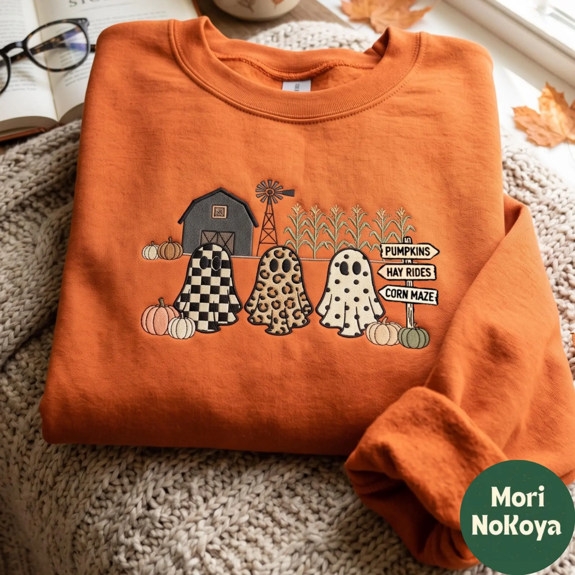 Embroidered Tis The Season Ghost Trio Sweatshirt, Womens Farmhouse Halloween Pumpkin Checkered Leopard Fall Crewneck
