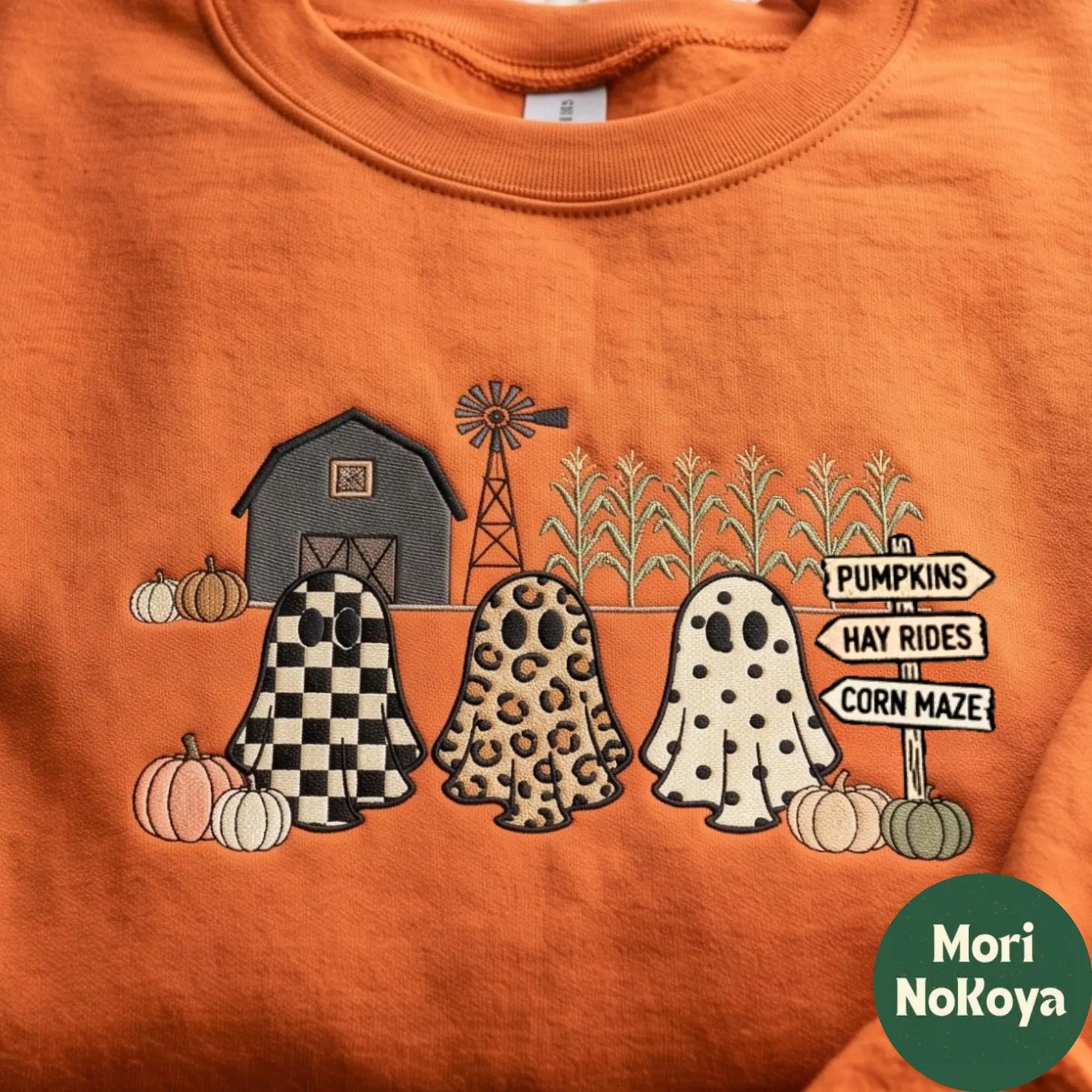 Embroidered Tis The Season Ghost Trio Sweatshirt, Womens Farmhouse Halloween Pumpkin Checkered Leopard Fall Crewneck - photo 2