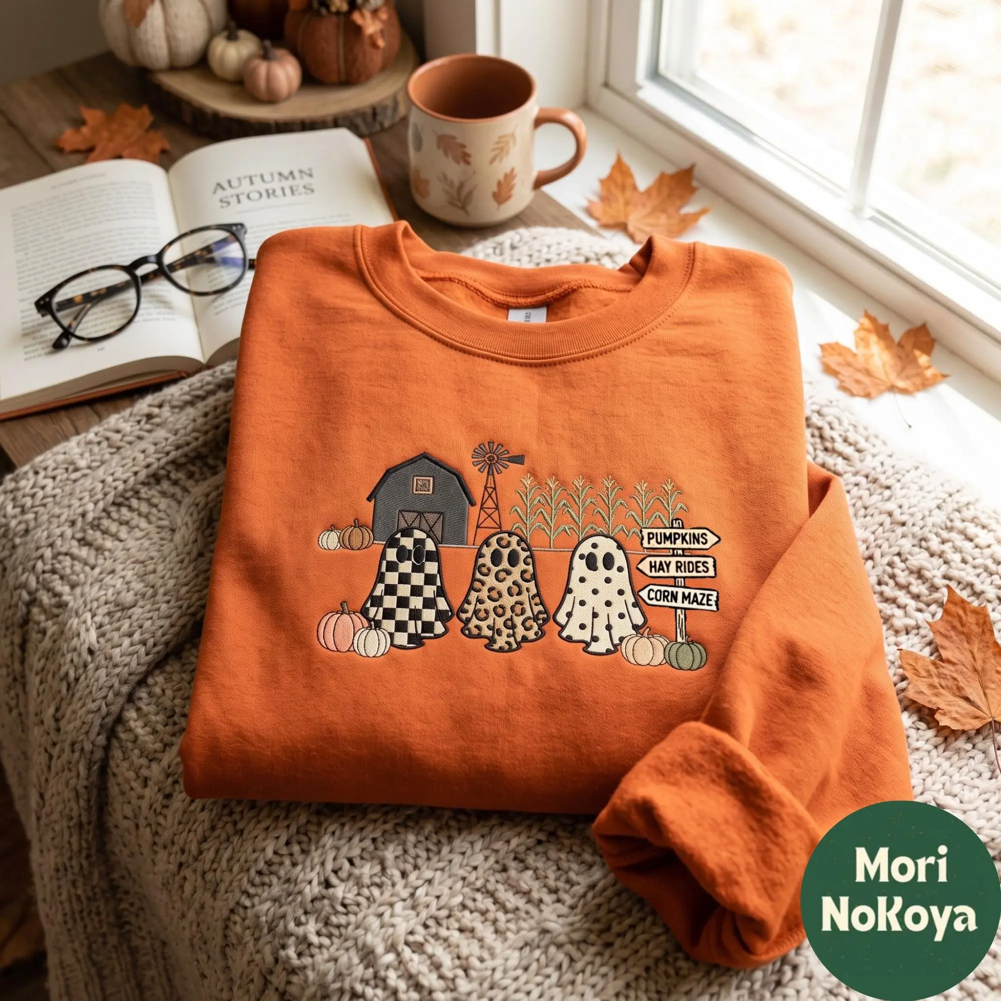Embroidered Tis The Season Ghost Trio Sweatshirt, Womens Farmhouse Halloween Pumpkin Checkered Leopard Fall Crewneck - photo 3