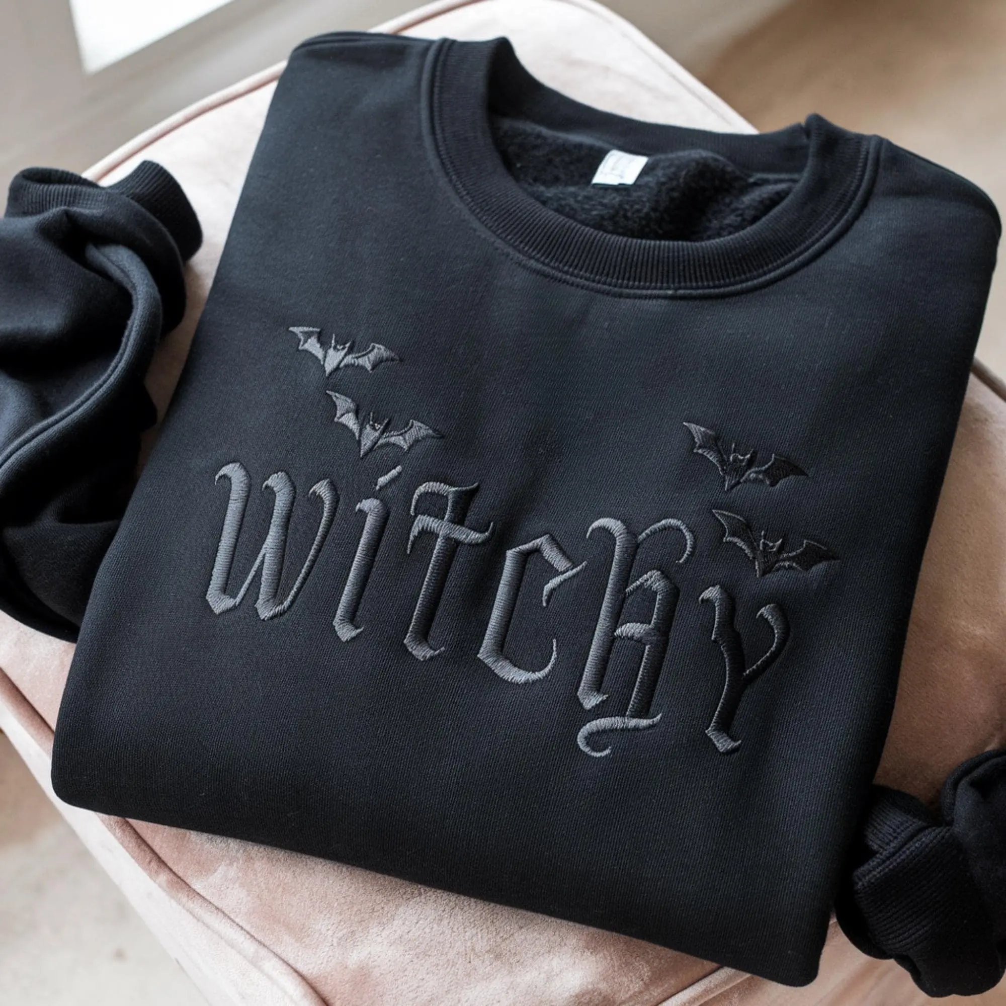 Embroidered Witchy Halloween Shirt, Gothic Bat Dark Humor Womens Witch Fall Spooky Season Graphic Tee